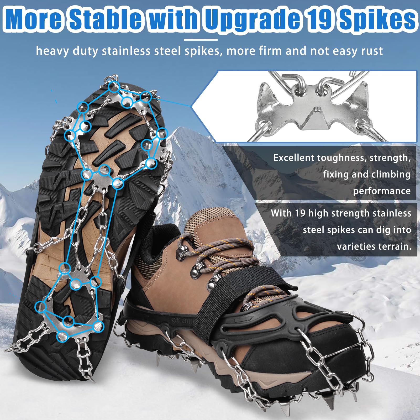 Crampons à 19 pointes antidérapantes pour chaussures et bottes, crampons de traction pour bottes de randonnée, bottes de randonnée, protection sûre pour la marche d'hiver, la randonnée, la pêche sur