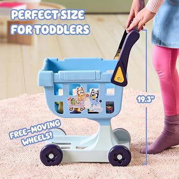 Bluey Shopping Trolley, Sturdy Toy Shopping Basket with Free-Rolling Wheels, Rotating Handle, and 8 Cardboard Accessories, Push Cart for Kids Ages 3+