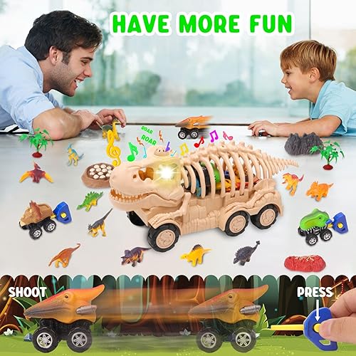 Miniatura 6 de COSOOS Camión de dinosaurios para niños de 3 a 5 años, juguete, camión monstruo T Rex, juego de transporte con sonido y luz, 3 vehículos de