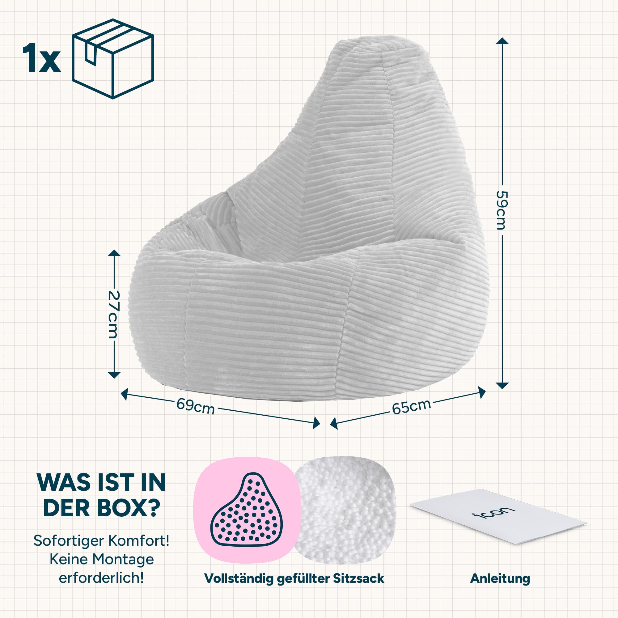 Icon Dalton Sitzsack Kinder, Salbeigrün, Flauschiger Cord Stoff, Sitzsack Cord mit Füllung, Bequemer Kinder Gaming Sessel, Kuschelsessel, Lese Sessel, Schlafzimmer, Kinderzimmer, Spielzimmer