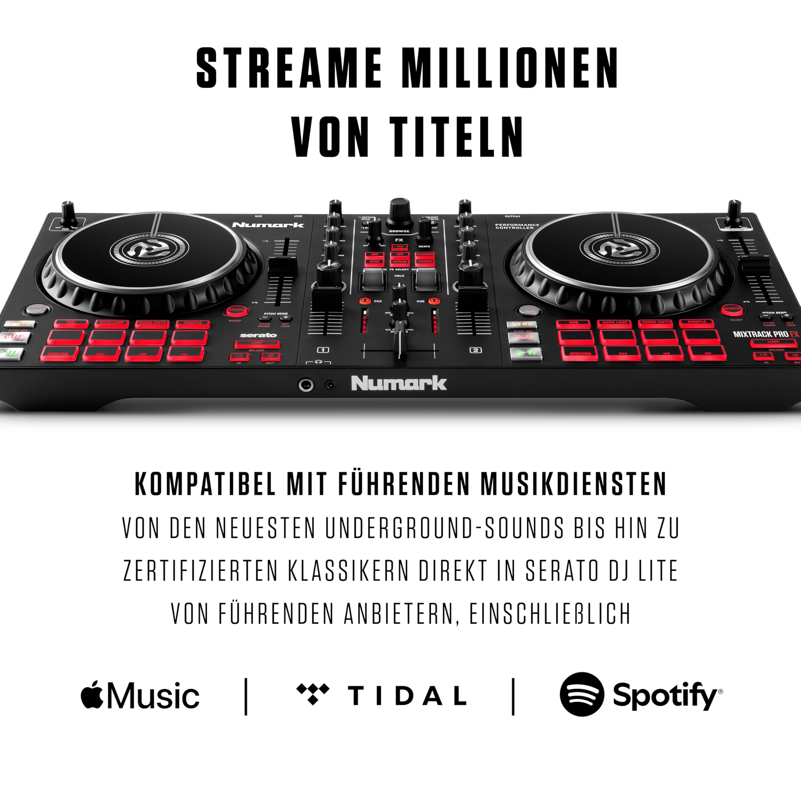 Numark Mixtrack Pro FX DJ Controller Pult mit 2-Deck Kontrolle, Integriertem Audio Interface, Jogwheel-Displays und Effektpaddeln, Serato DJ Enthalten