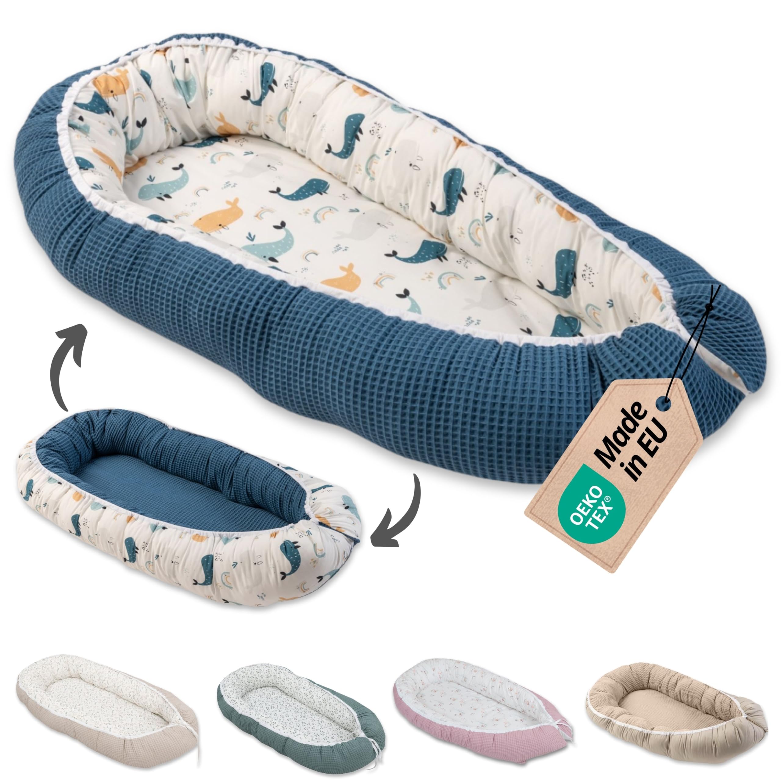 ULLENBOOM Babynest – Oeko-TEX Materialien, Made in EU – Babynestchen Neugeborene, Kuschelnest Baby, tragbares Reisebett, gepolstert & waschbar (55x95 cm)