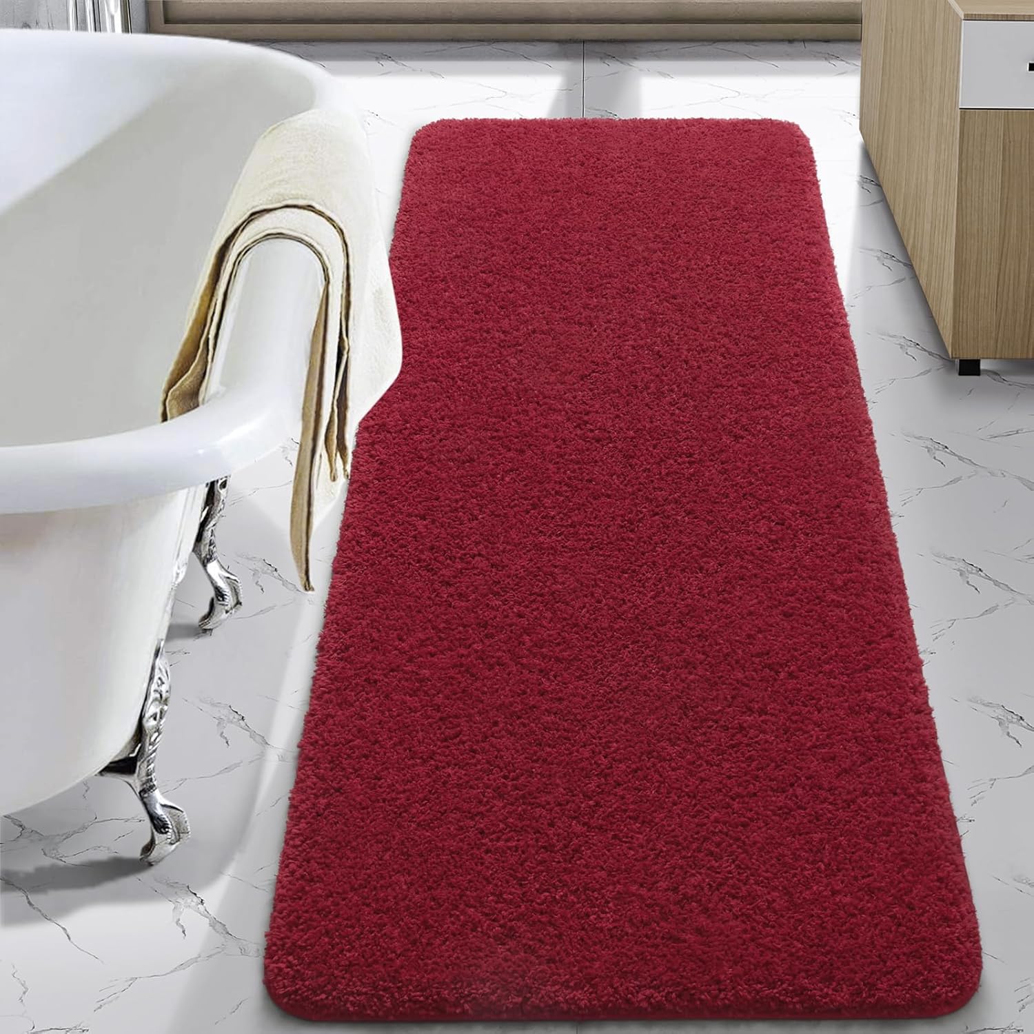 LOCHAS Bathroom Rug Runner 24x60 Inch, Soft Thick Absorbent Microfiber Bath Rugs for Bathroom, Machine Washable, Shaggy Plush Non Slip Bath Mat for Tub, Shower Floor, Quick Dry Mats, Red