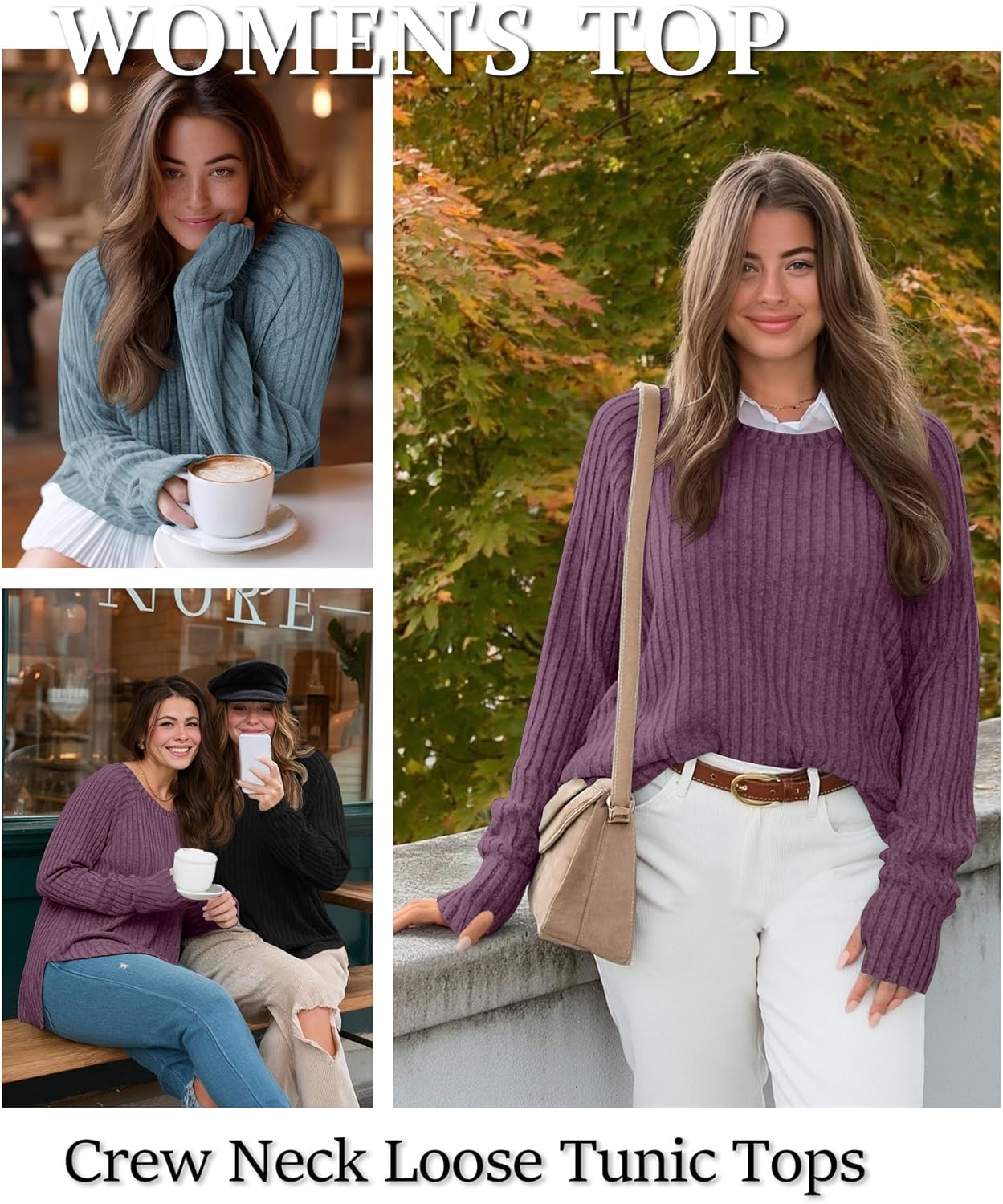 Riyiper 3 Pack Women's Plus Size Long Sleeve Sweaters, Curved Hem Side Split Crew Neck Loose Fall Tunic Tops with Thumb Hole - Image 4