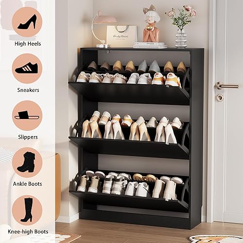 Miniatura 7 de Boonatu Armario de zapatos para entrada, armario de almacenamiento de zapatos con 3 cajones abatibles, armario de zapatos para entrada de espacio