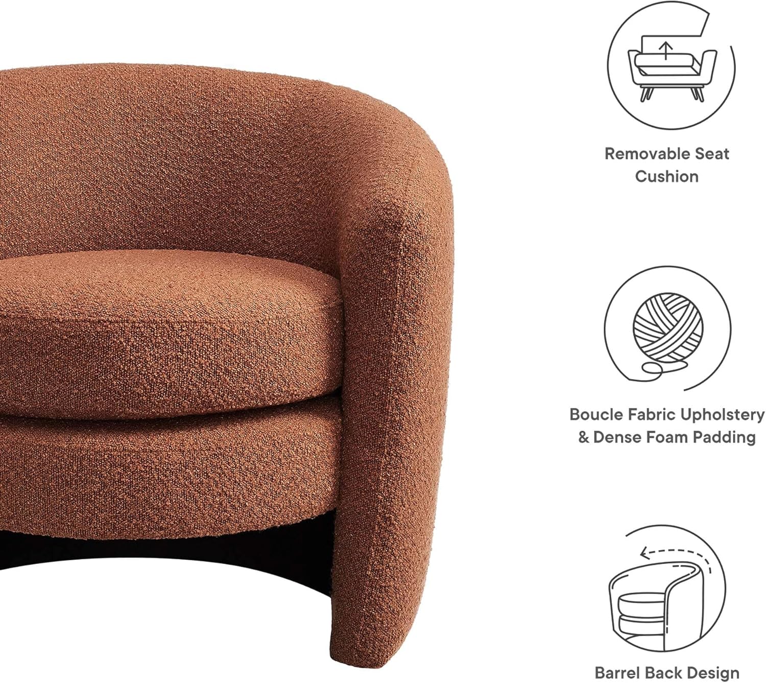 Modway Affinity Boucle Fabric Accent Chair in Rust - Versatile Living Room Chair with Curved Back - Upholstered Bedroom Barrel Chair - Reading Armchair