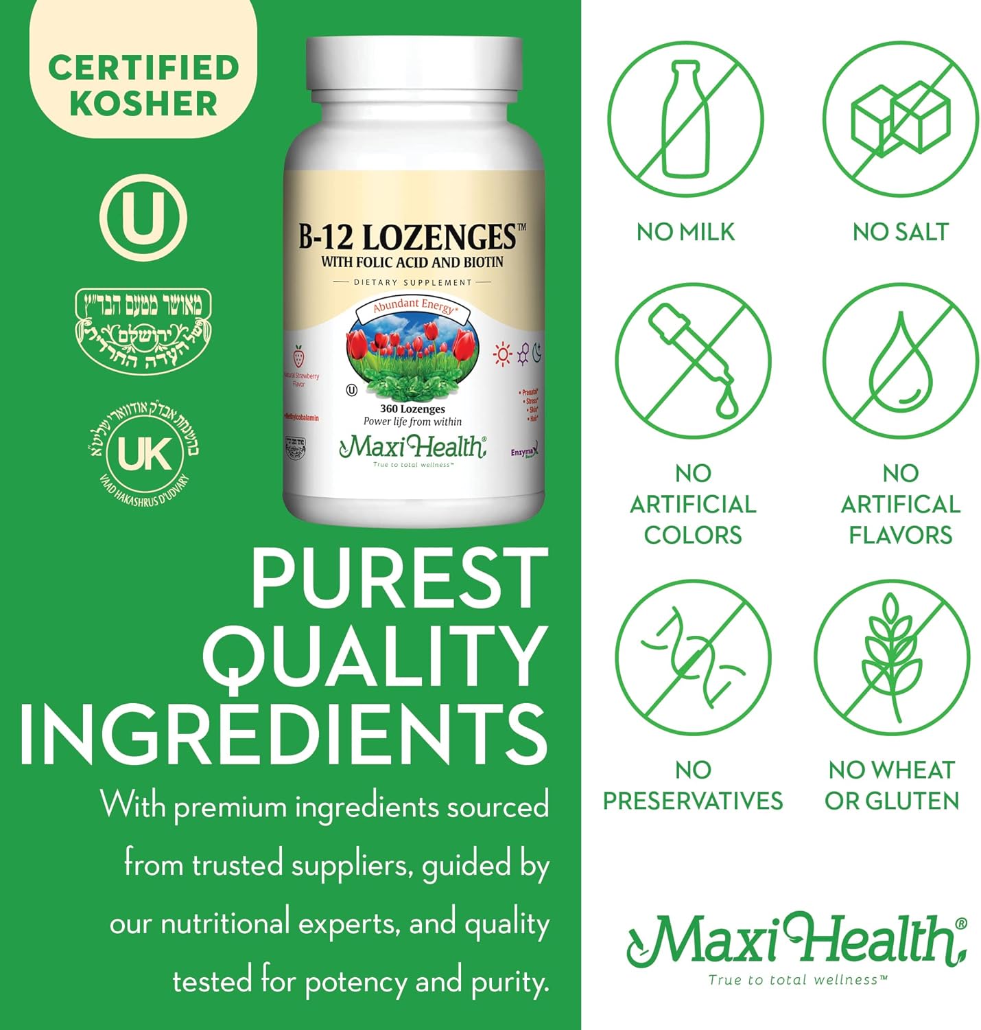 Maxi Health Vitamin B12 Lozenges with Folic Acid and Biotin - Sublingual B12 Vitamins Strawberry Flavor - Vegetarian Kosher B 12 Vitamin for Red Blood Cell Production and Energy (360 Count)