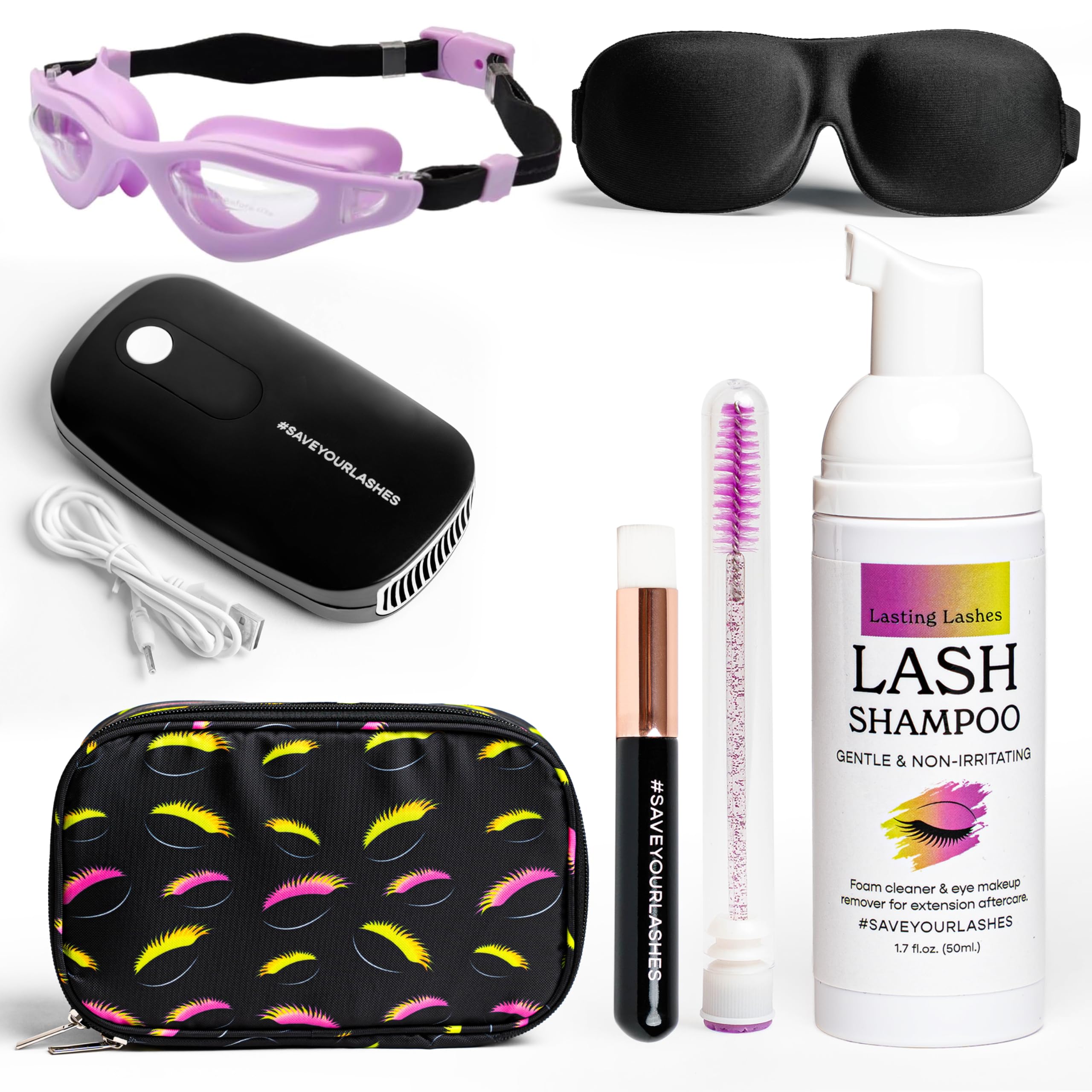 Lasting Lashes Lash Shampoo Kit – Premium Lash Extension Cleaning Kit & Care Set with Fan, Brush, Oil-Free Eyelash Cleanser, Goggles for Shower &