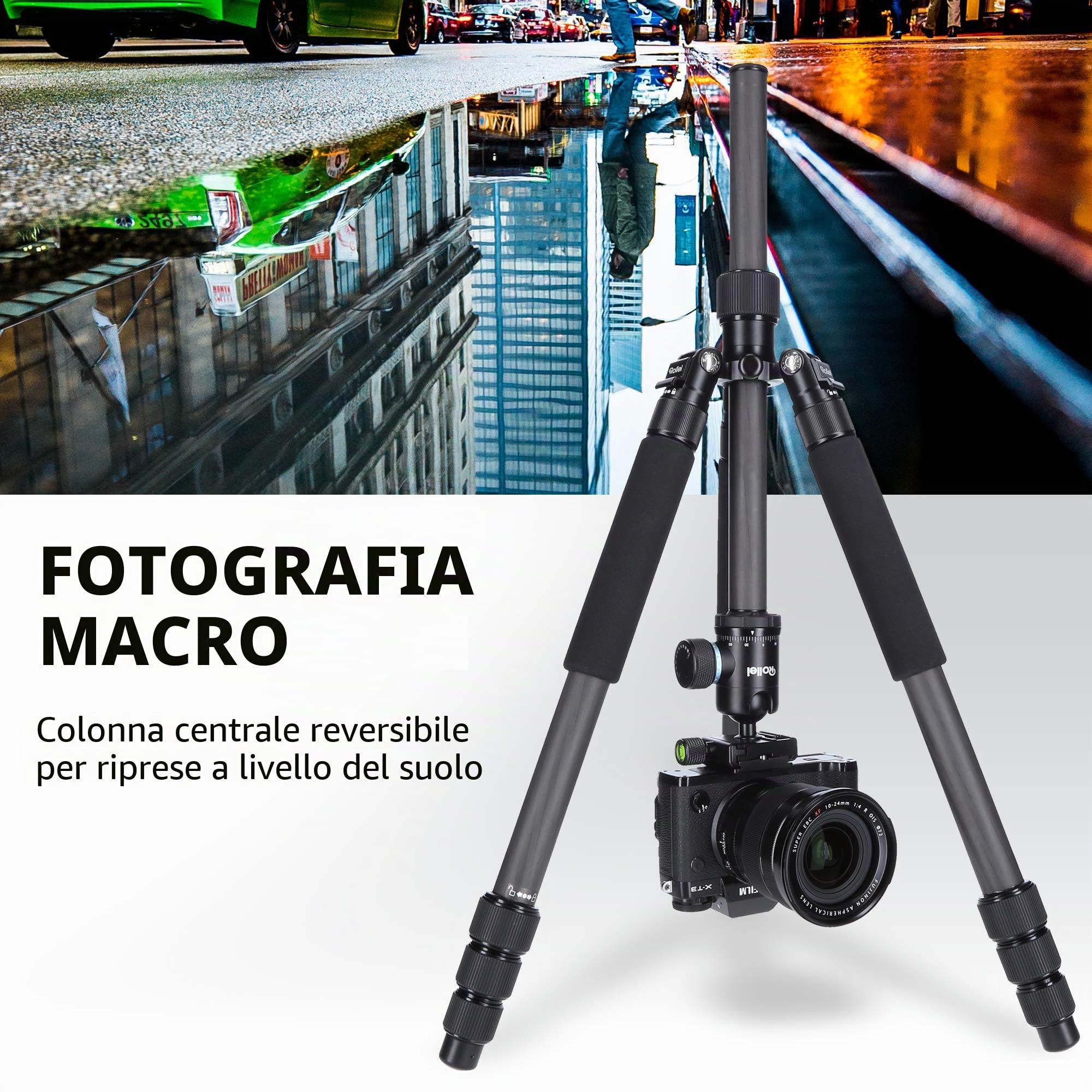 Rollei CT-5C, Treppiede Compatto inclusa Testa a Sfera, Funzione Monopiede, Carico max.: 8 kg, Carbonio, ARCA SWISS Compatibile, Nero