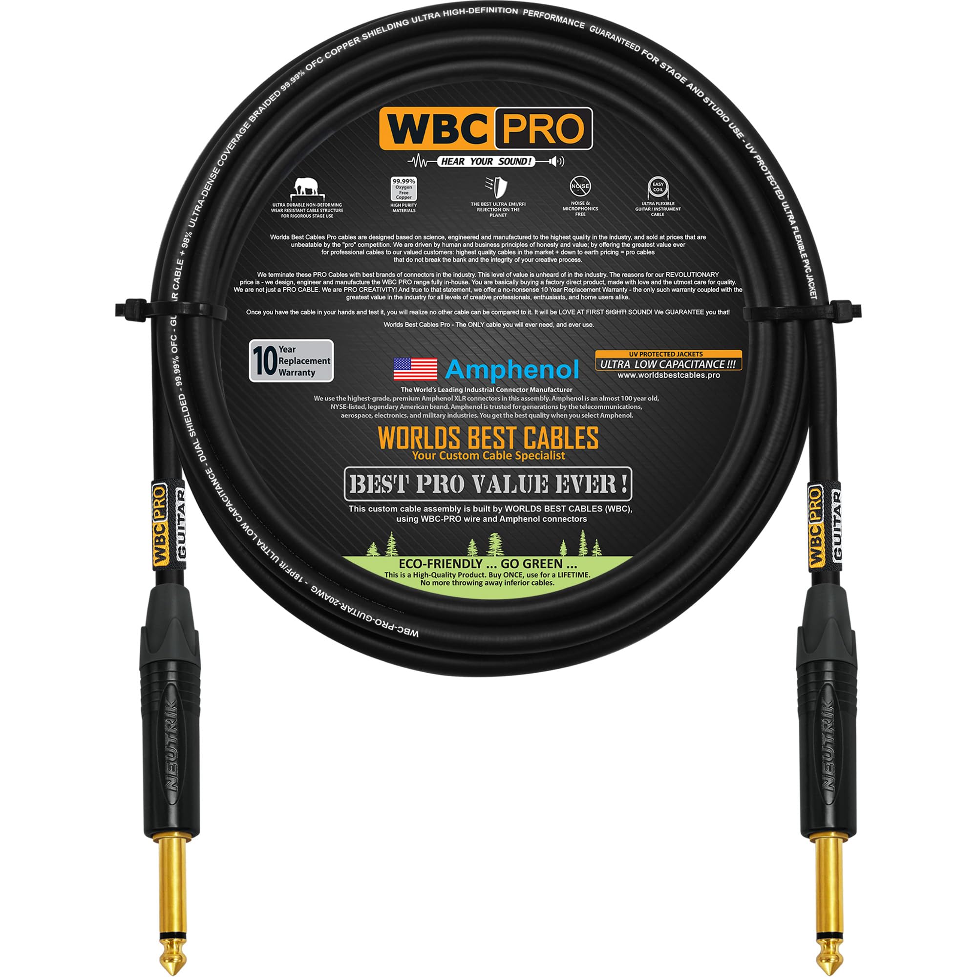 WBC-PRO-GUITAR, 4 metros, 20 AWG, tapa baja (18 pF/pie), grado profesional, a base de grafito, cable de doble blindaje para guitarra, bajo, instrumento con conectores TS dorados Neutrik NP2X-B de ¼