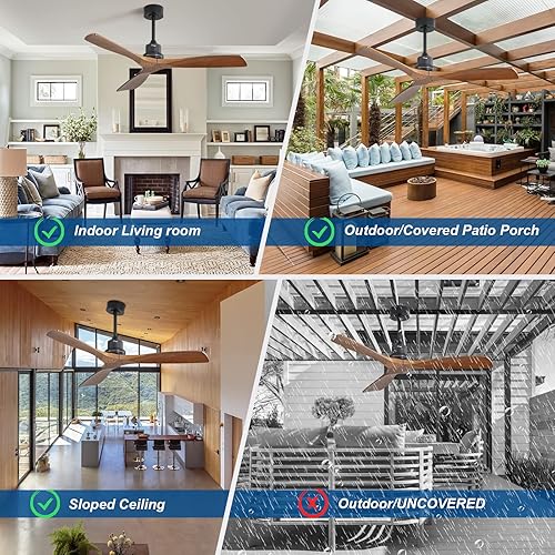Miniatura 2 de Sofucor Ventilador de techo sin luces, 52 pulgadas de perfil bajo de montaje empotrado, moderno ventilador de techo de madera con control remoto