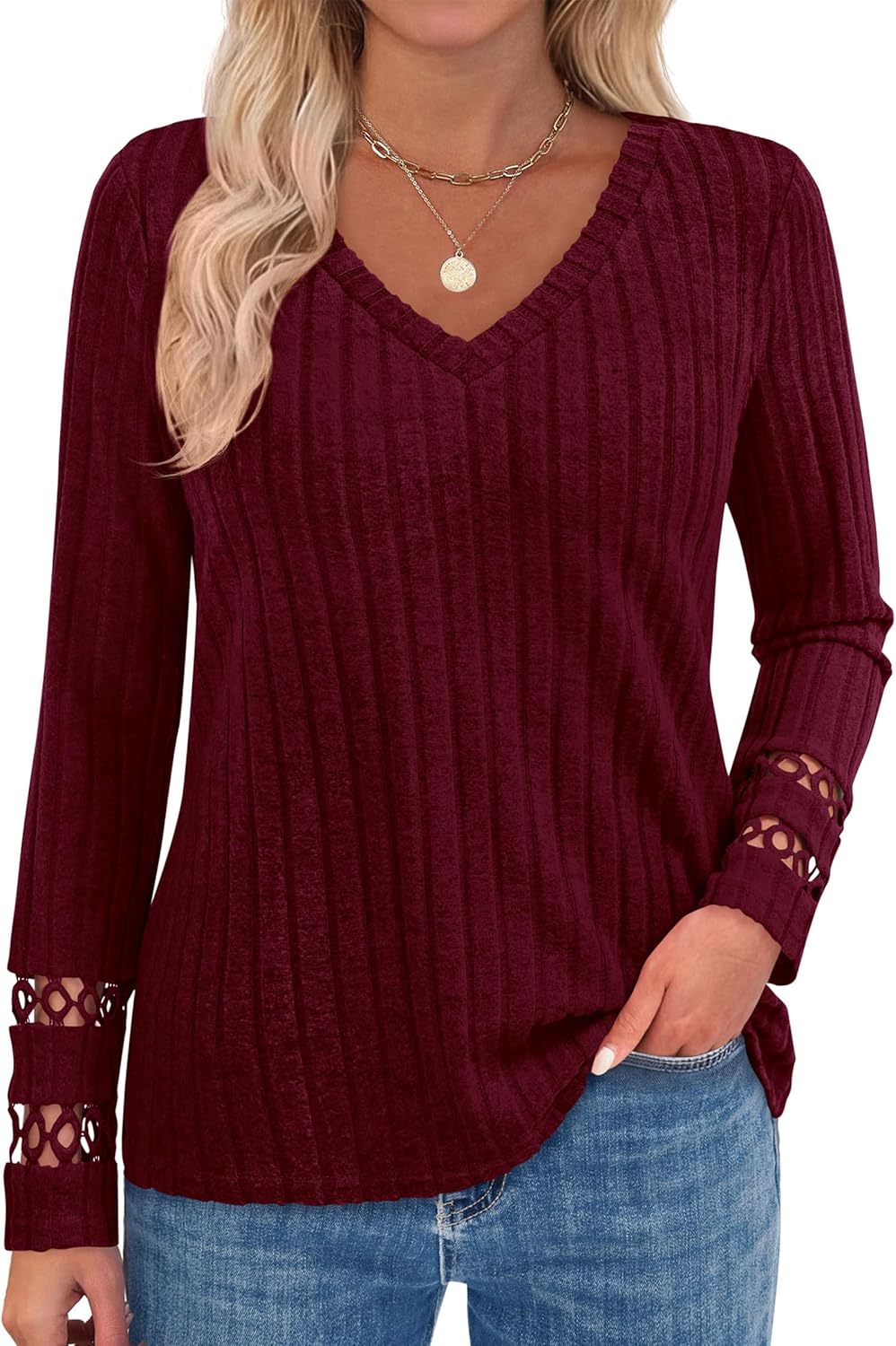 PRETTYGARDEN Women's Long Sleeve Shirts Ribbed Knit V Neck Tee Dressy Casual Blouses Going Out Tunic Tops 2026 Fall Outfits - Image 3