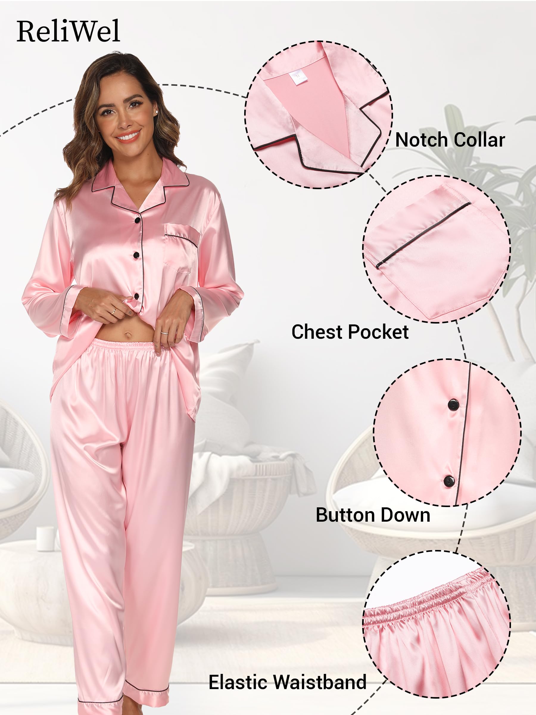 Reliwel Pigiama Donna Estivo Pigiami da Donna Due Pezzi a Maniche Lunghe Pantaloni in Raso Morbidissimo Scollo V Aperto Davanti con Bottoni e Borse Laterali