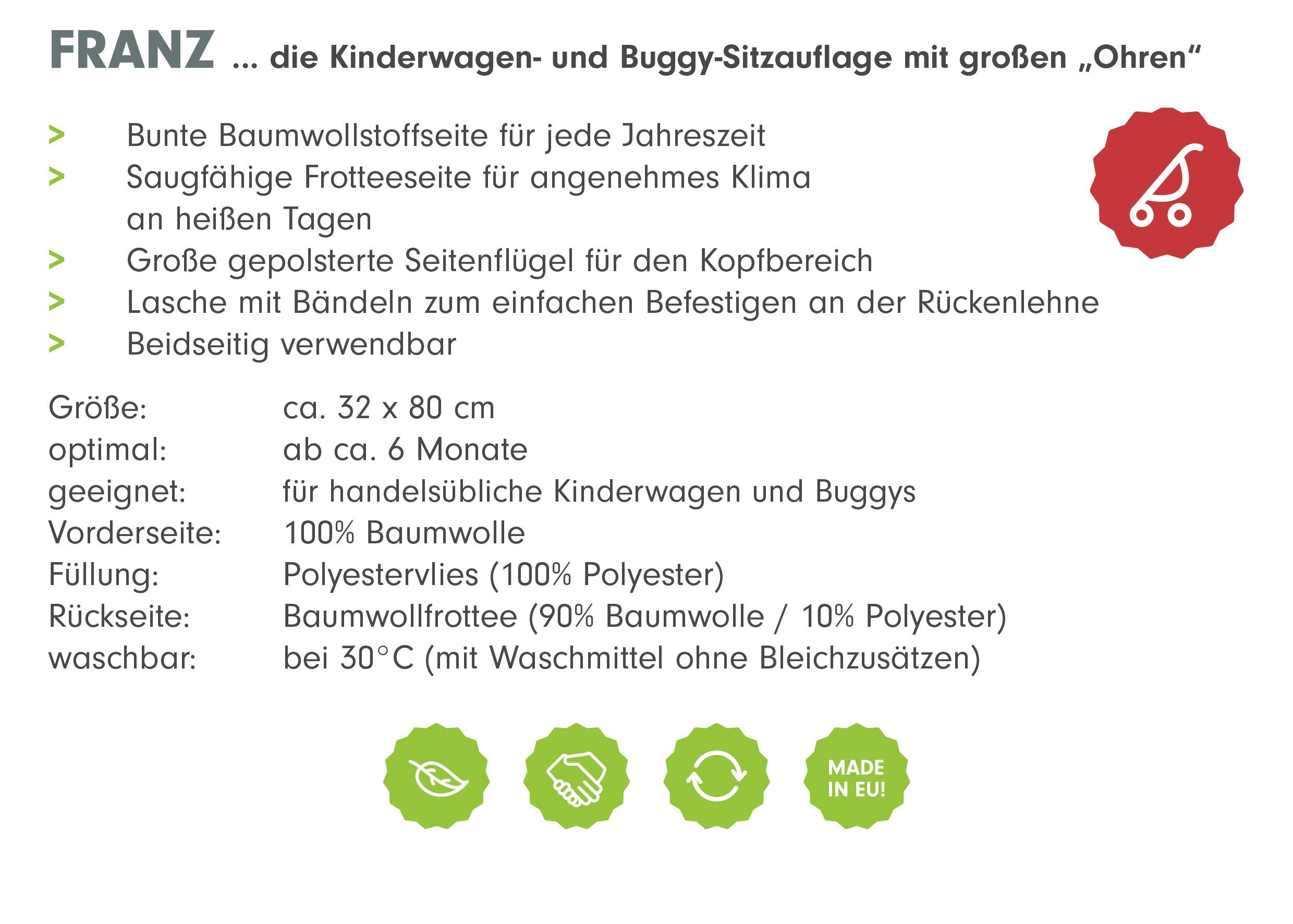 Sitzauflage Franz 2in1 | Atmungsaktiver Sitzverkleinerer | Universal Sitzeinlage für Kinderwagen, Buggy | Schonbezug 100% Baumwolle waschbar | beidseitig verwendbar