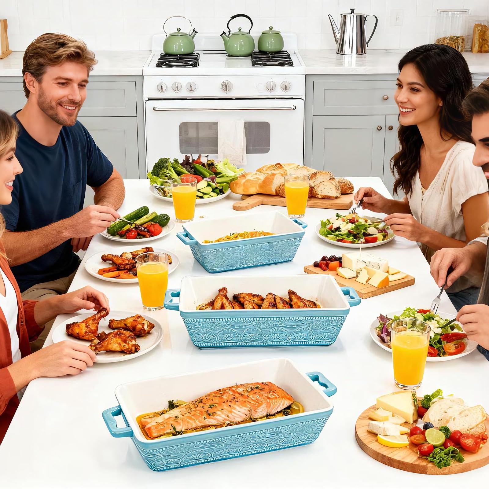 Hacaroa 3er Set Keramik Auflaufform, Rechteckige Backformen mit Griffen, Elegante Auflaufform Set Lasagnepfanne zum Backen, Kochen, Kuchen Abendessen, Bankett, Seeblau, 3 Größen