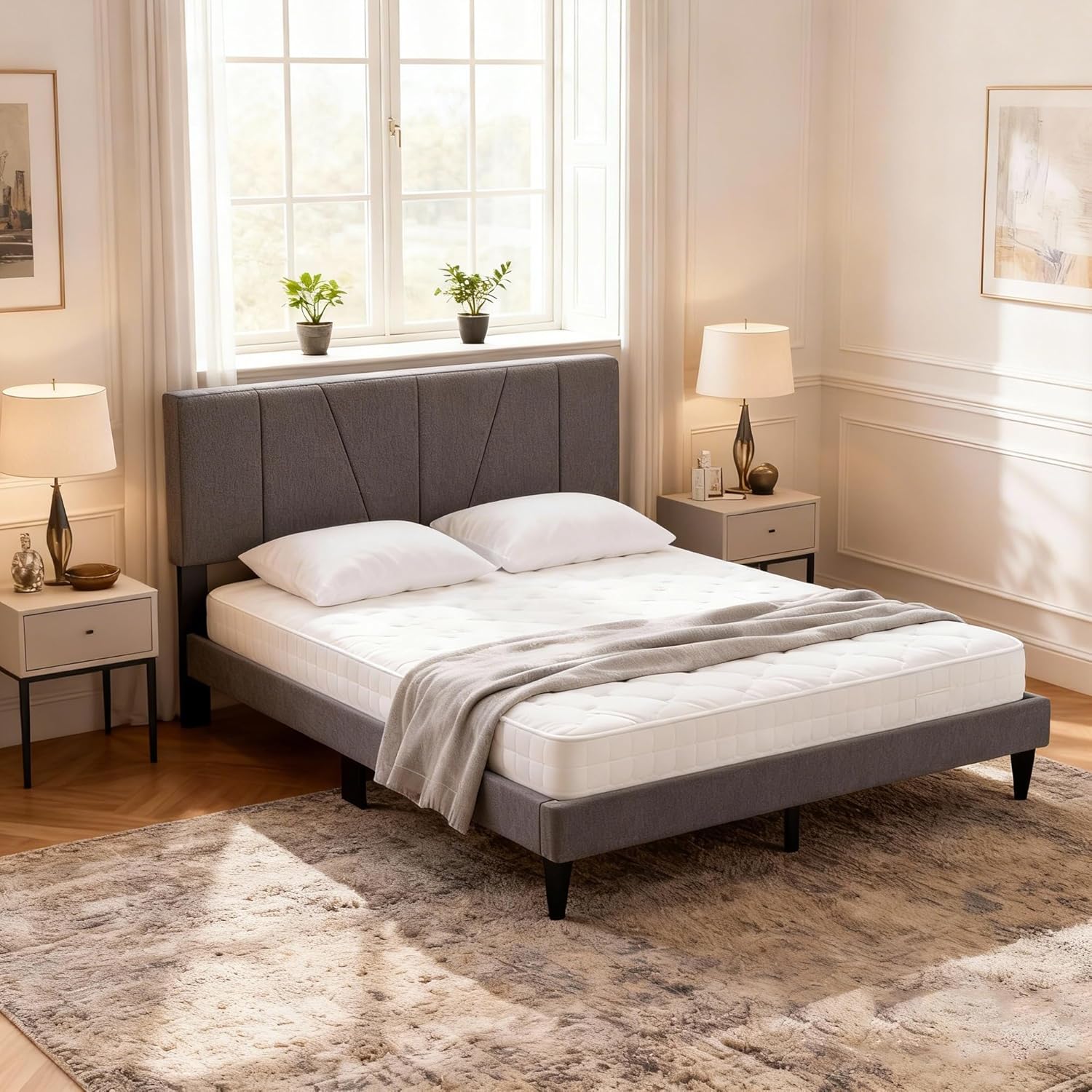 Full Platform Bed Frame with Upholstered Adjustable Tall Headboard and Wooden Slats Support, No Box Spring Needed, Easy Assembly, Dark Grey