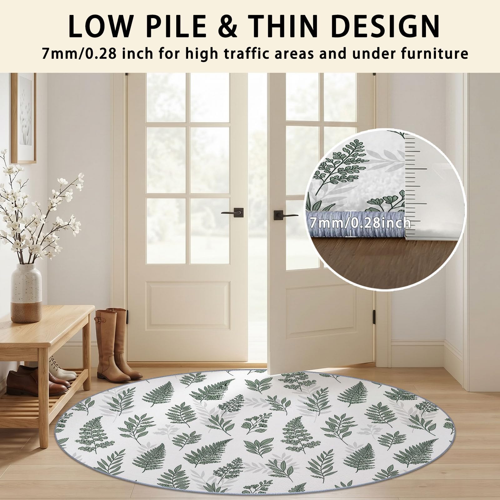 Générique Tapis Rond 180 cm Lavable Machine, Moquette Antidérapante Poil Bas Style Feuille Plantes Et Fleurs, Motif Branches De Fougères Et Feuilles Minimalistes Doux pour Chambre À Coucher, Vert