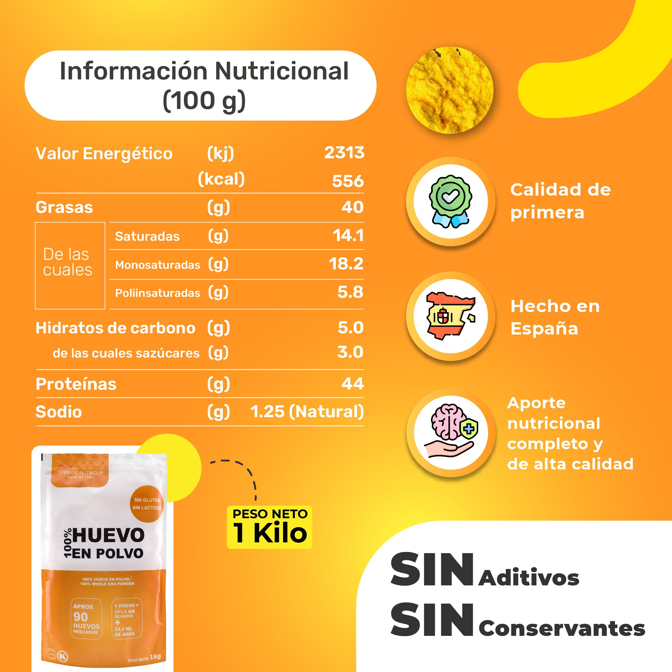 Huevo en Polvo Campero 1kg | Huevos Pasteurizados Sin Gluten | Huevo Deshidratado Sin Aditivos