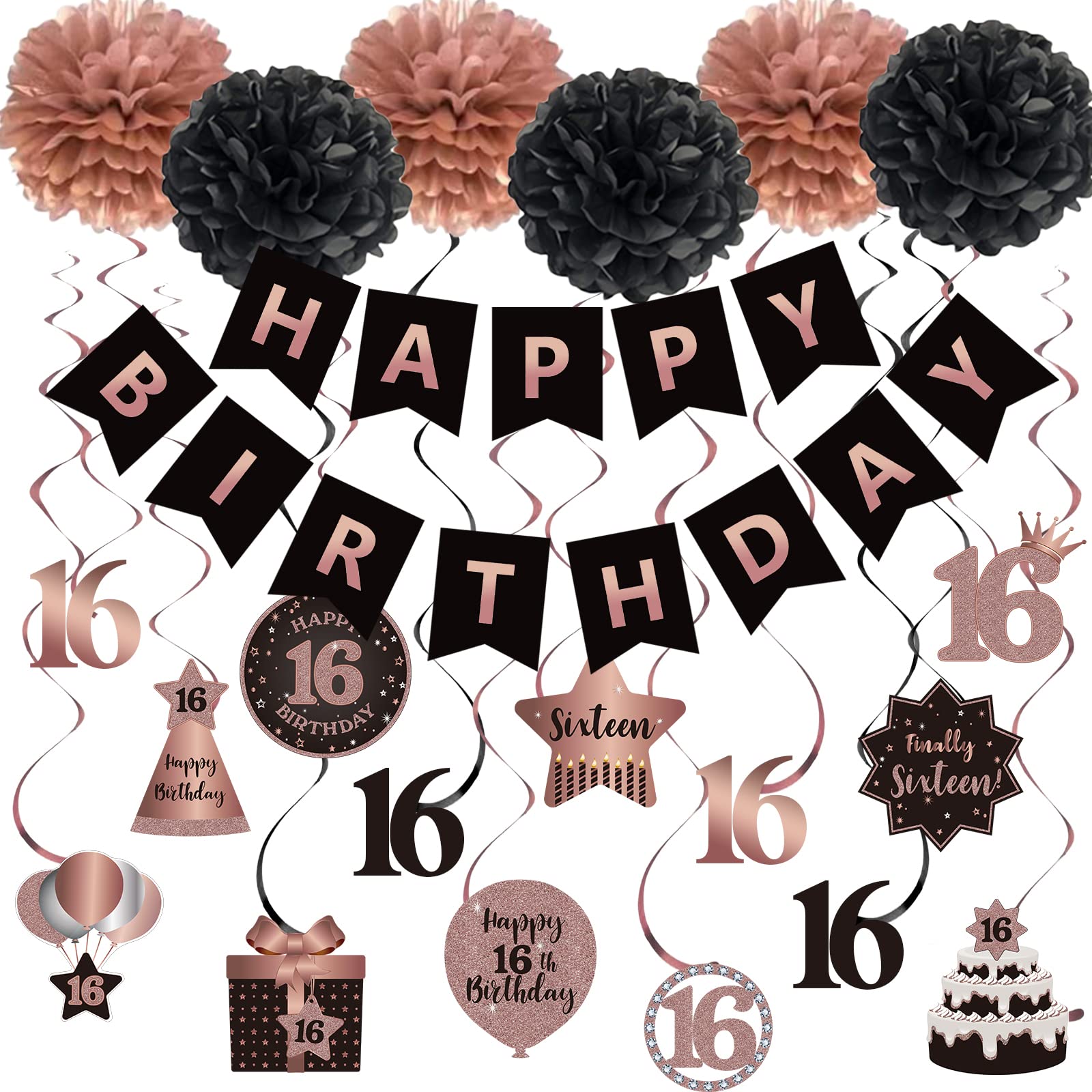 SZHUIHER Happy 16th Birthday Hanging Swirls Streamers Decoration, Happy Birthday Banner with Tissue Pompoms, Rose Gold and Black 16 Years Old Birthday Party Hanging Backdrop Decorations
