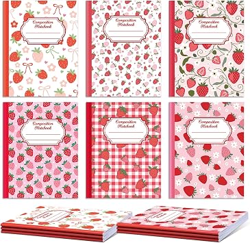 6 Pcs Strawberry Composition Notebooks Pink Composition Notebook | Flower Cute Kawaii Wide Ruled Journal, 110 Page Notepads, Back to School Gift for School Teacher, Student, 9 x 7 Inch