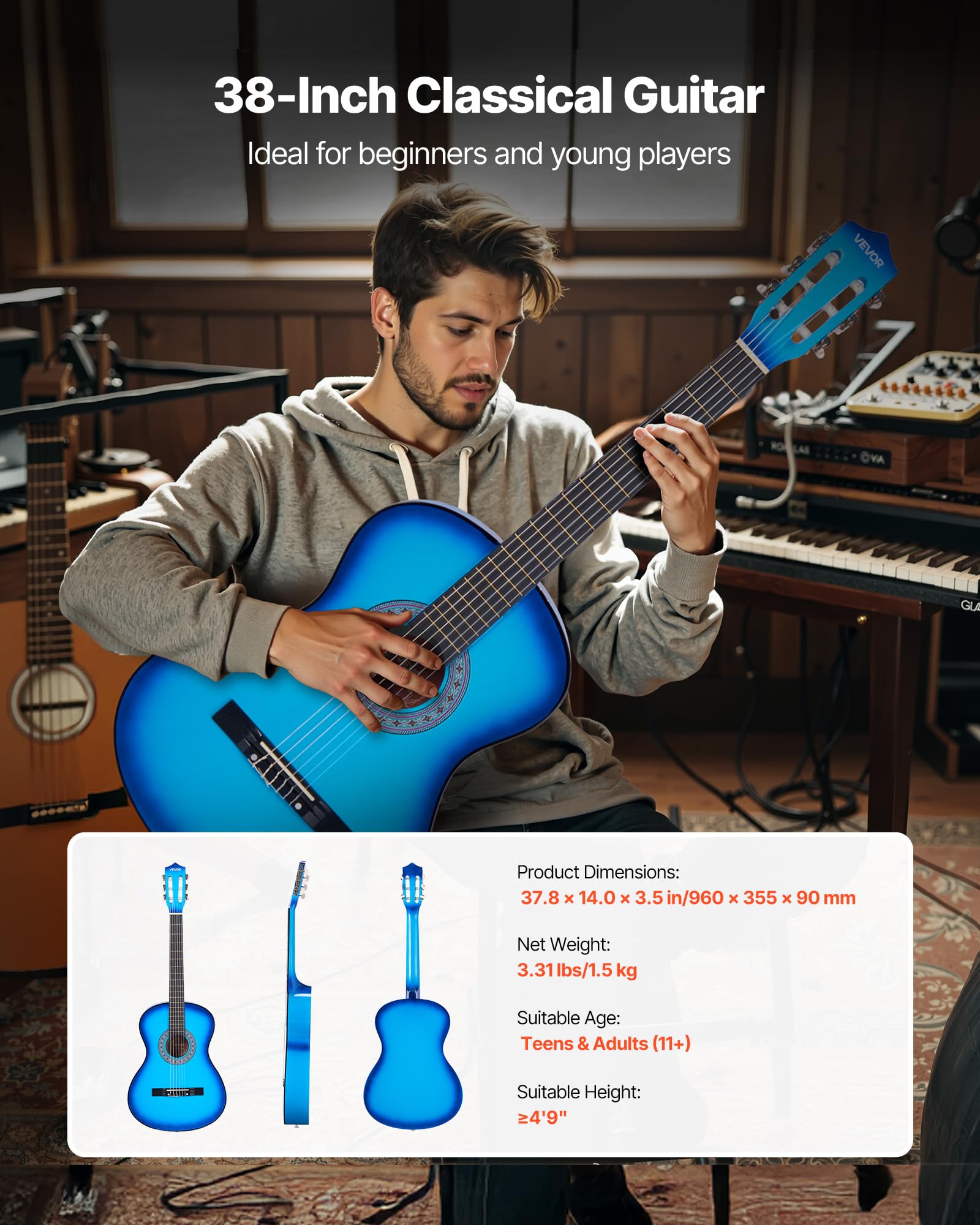 VEVOR Chitarra Classica, 960 mm, in Legno per Principianti, con Corde in Nylon, Custodia Morbida, Tracolla, Accordatore, Corde Extra, Plettri, Capotasto, Tiglio, per Adolescenti, Adulti, Blu