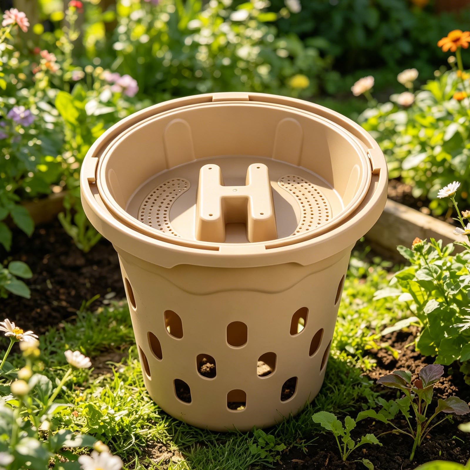 Caja de Compostaje Orgánico para Residuos de Cocina y Jardín, Plástico Beige, Mejora la Calidad del Suelo, Solución para Camas de Jardín al Aire Libre