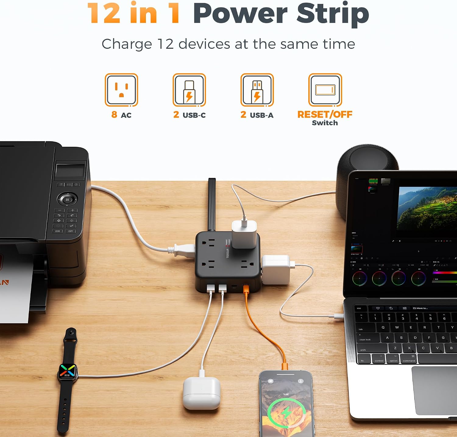 TESSAN Dual Surge Protector Power Strip, 15 Ft Extension Cord Flat Plug image 4