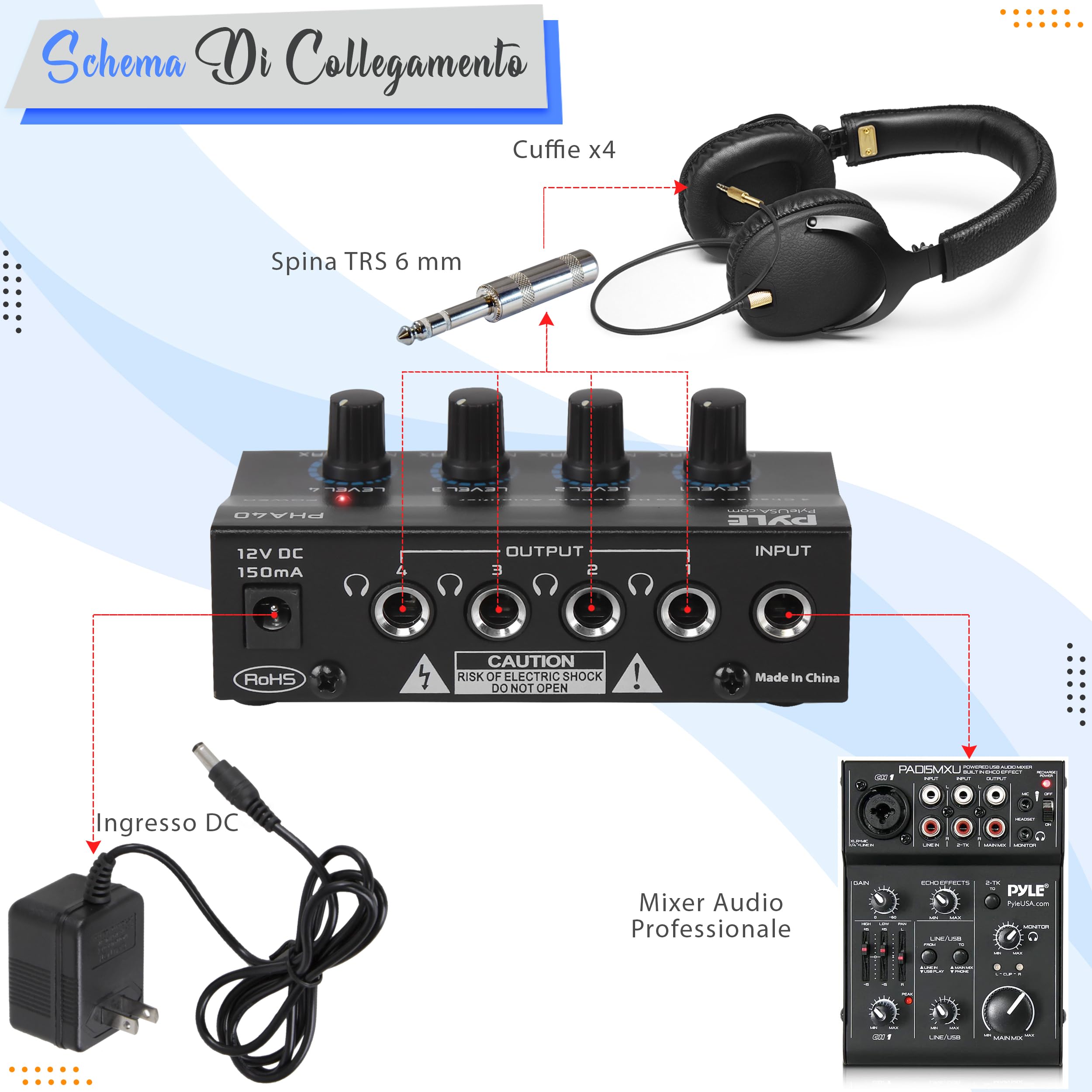 Pyle Preamplificatore Phono, Giradischi - Amplificatore Audio Stereo 4 Canali Portatile con Jack Bilanciato TRS da 6,35 mm e Ingresso TRS da 6,35 mm