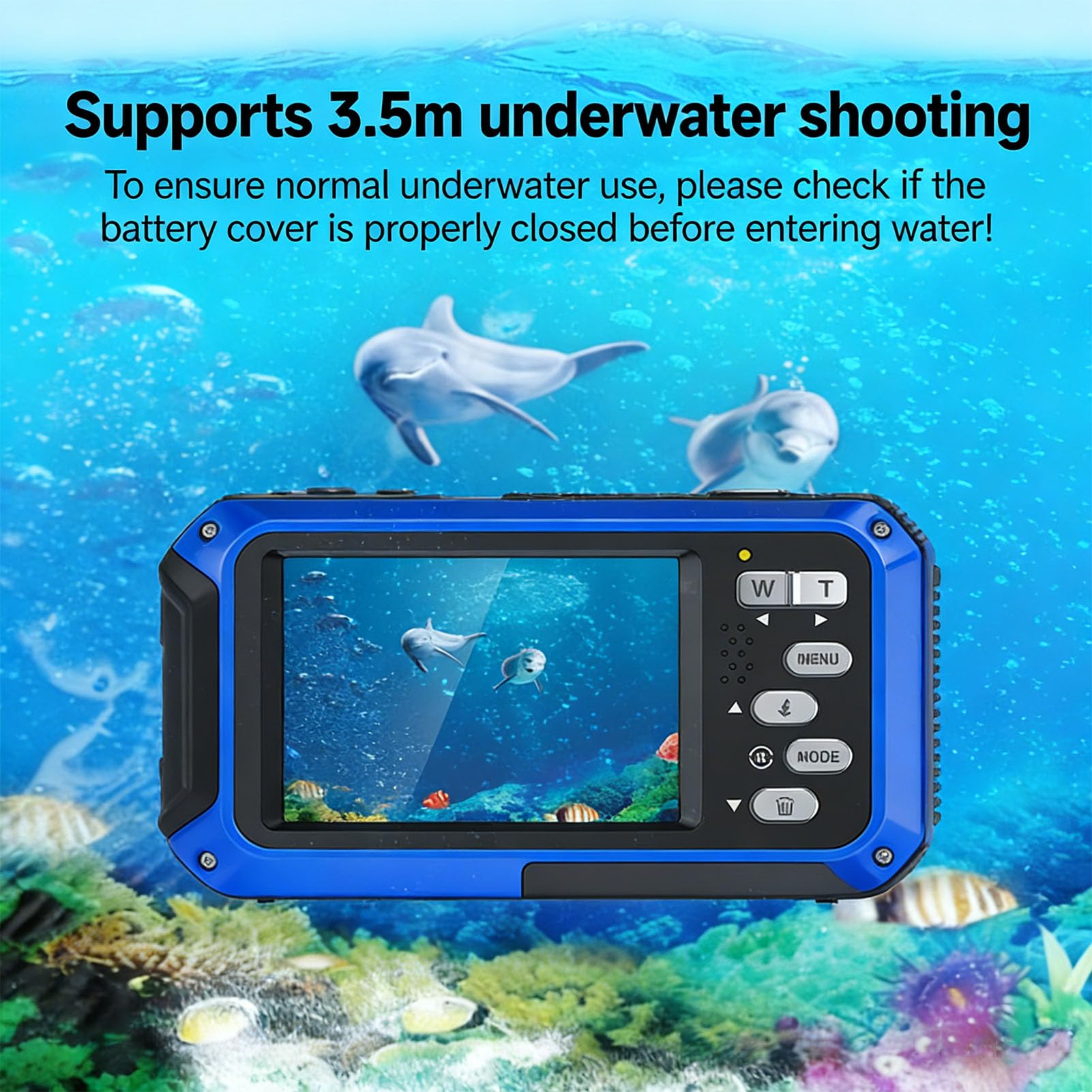 4K-Unterwasserkamera, 64-MP-Foto, 120 Minuten Betriebszeit, 128 GB Speicher, Vorder- und Rückbildschirm, ABS-Material, 16-Fach-Zoomkamera Zum Schnorcheln
