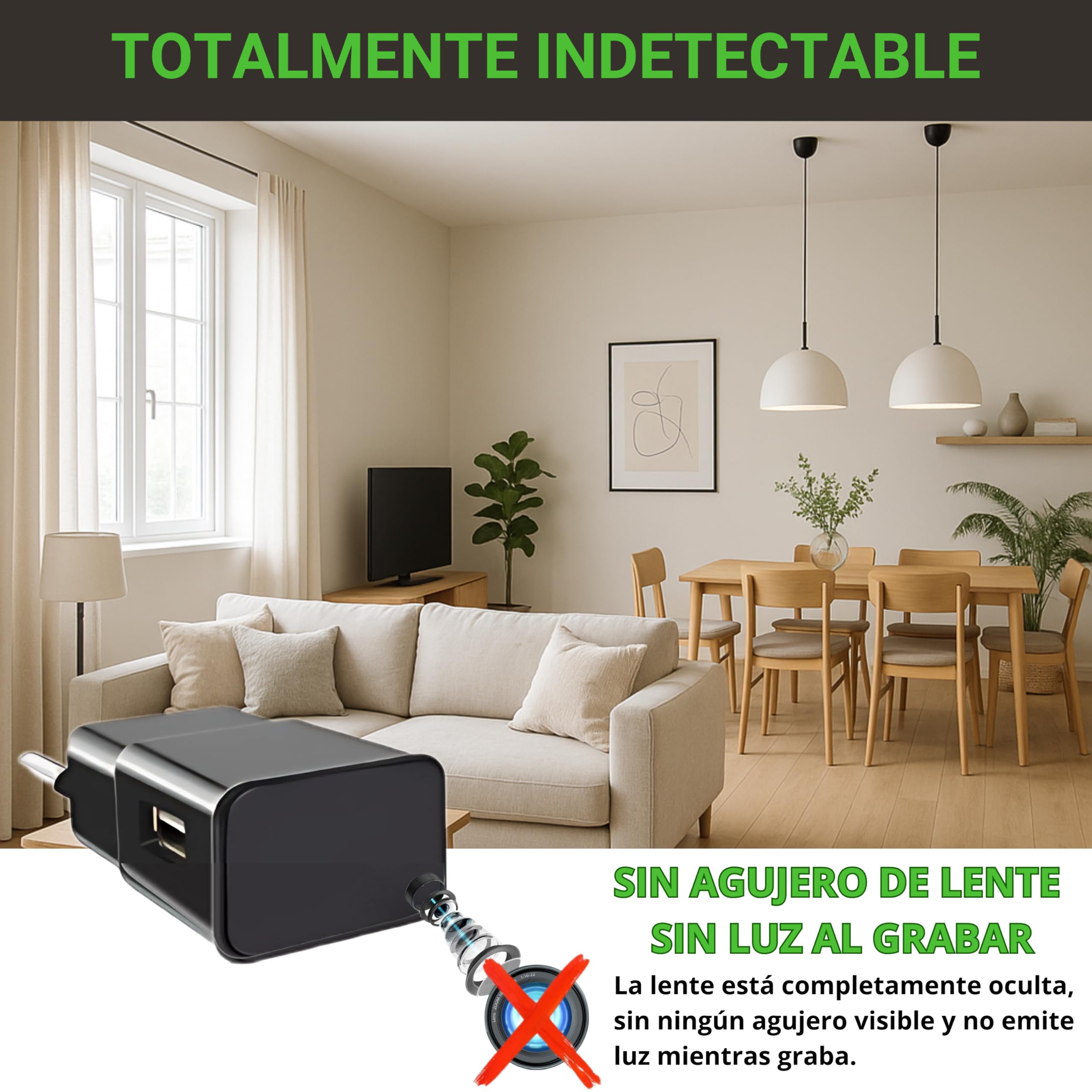 Mini Camara Espia Oculta Camuflada WiFi, (Sin AGUJERO de LENTE), Sin Luz al Grabar, Completamente indetectable, Camara Vigilancia WiFi Interior, Versión 2025, Full HD Real, Detección de Movimiento