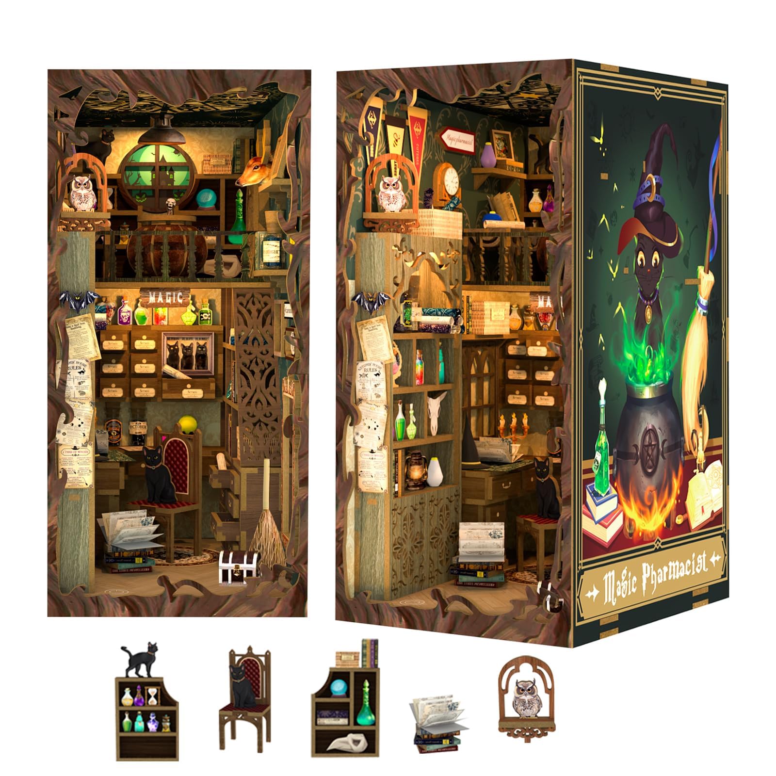 CUTEBEE DIY Book Nook Kit - Casa de muñecas en miniatura de madera con muebles y luces LED, Decoración de inserción de estantería creativa,Magic Pharmacist