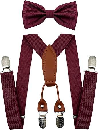 Baby Boy Suspenders and Bow Tie, Kids Bowtie and Suspenders | Adjustable Boys Toddler Pre-tied Bowties and Elastic Suspenders with 4 Strong Metal Clips