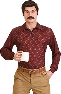 Parks and Recreation Ron Swanson Costume with Shirt, Mustache, and Wig - Brown Wig Facial Hair - Officially Licensed