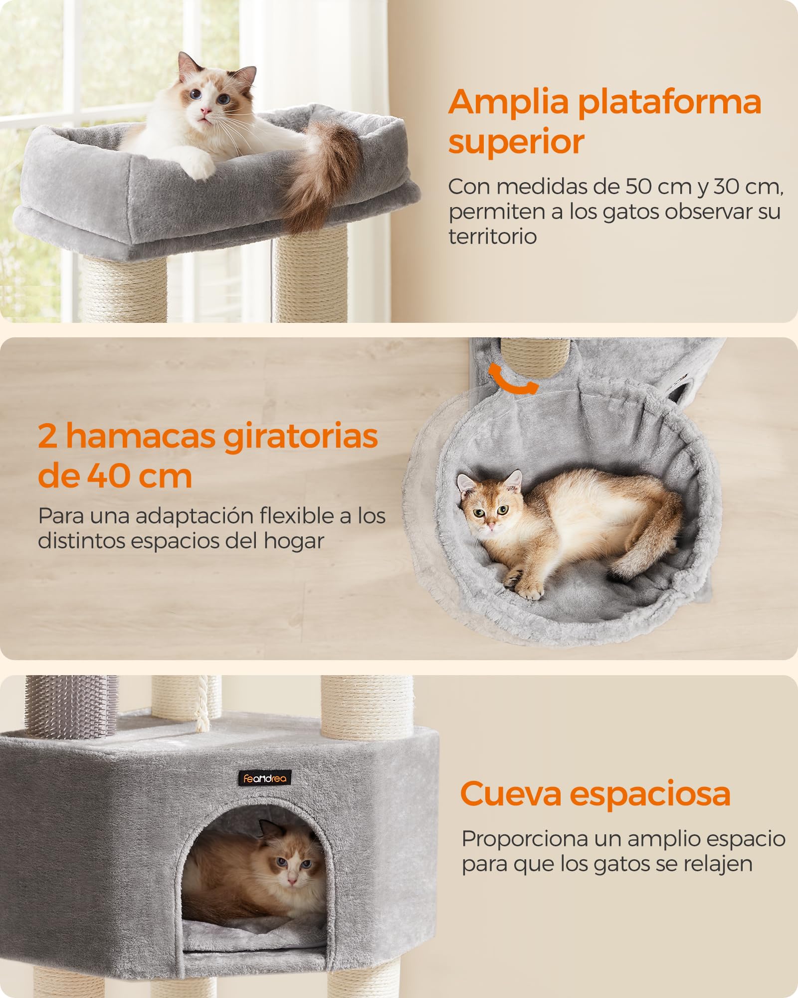 Feandrea Árbol para Gatos Grande y Estable, Torre para Gatos Grandes, con Almohadillas Autocalentables, Solapas, Cueva, Cuerda de Sisal, 50 x 50 x 160 cm, Gris Paloma y Blanco Crema PCT003N01