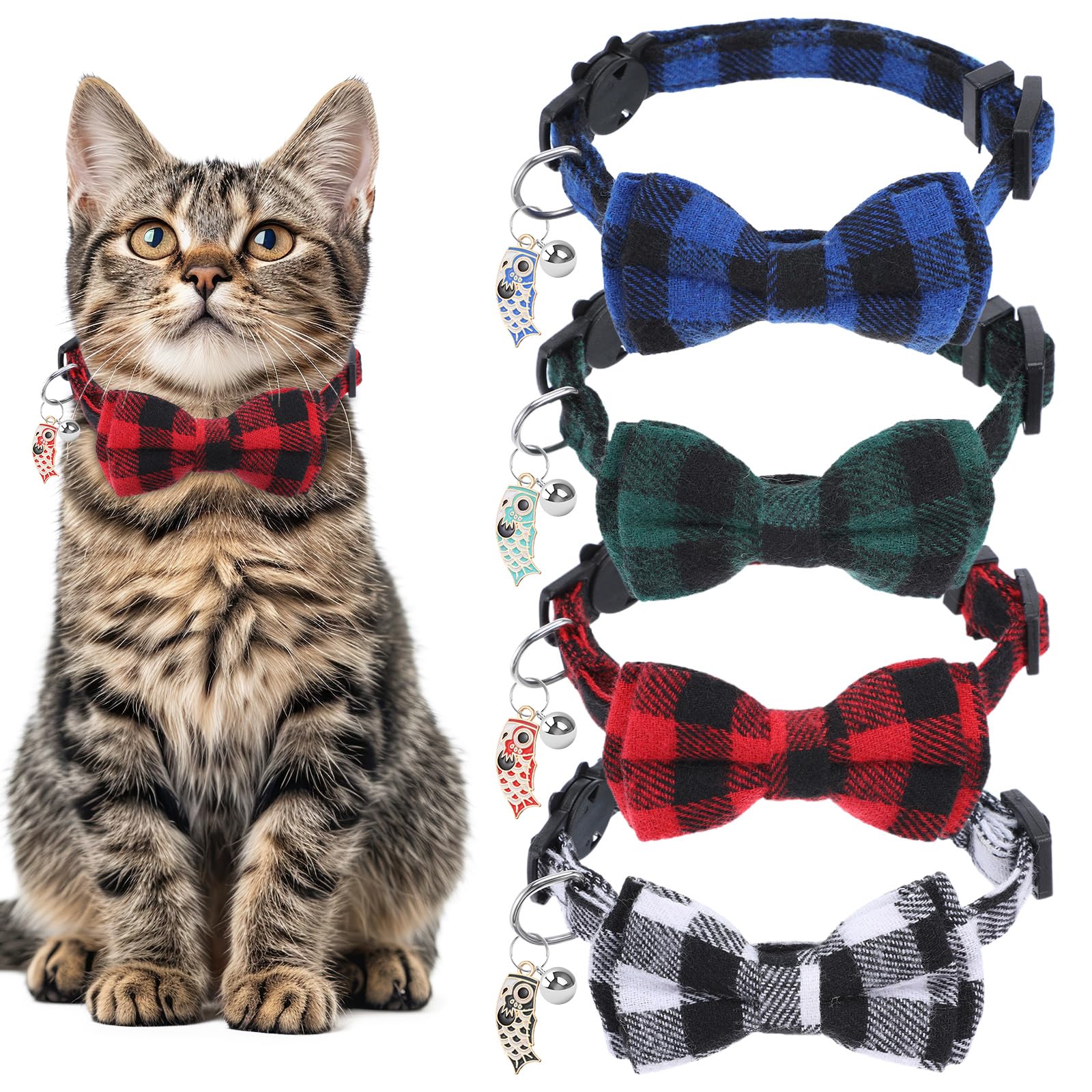 4Pcs Classic Plaid Cat Collars with Bells, Breakaway Kitten Collar