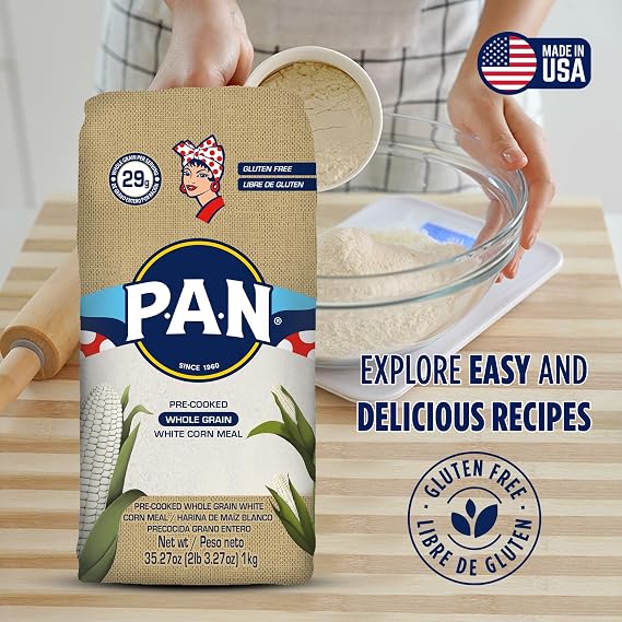 P.A.N. Whole Grain White Corn Flour - Precooked Gluten Free and Kosher Flour for Arepas (1.0kg/4pcs)