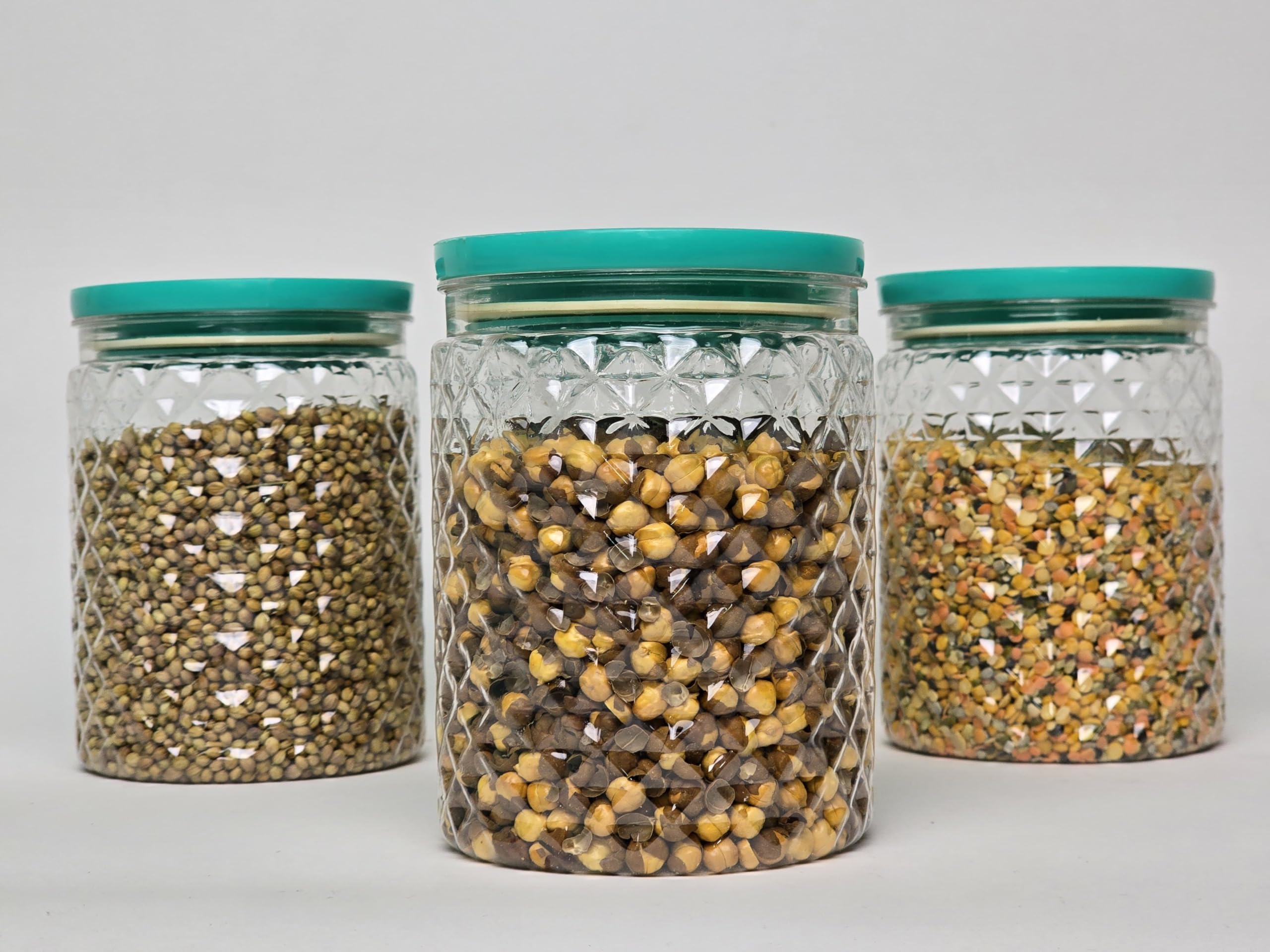 BoldBlossom Airtight Transparent Plastic Storage Jars Set for Kitchen | Diamond Cut Design | Food Grade Containers for Pulses, Spices, Grains, Cereals, Dry Fruits with Lids, 750ml Each-Bpa Free