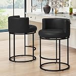 LUE BONA 26.8" Tabourets de comptoir de hauteur de bar 2, 180° Tabourets à barres pivotantes, Tabouret à barres modernes avec cadre en dos et en métal, Barstoles en cuir faux rembourrés pour l'île de la cuisine, noir