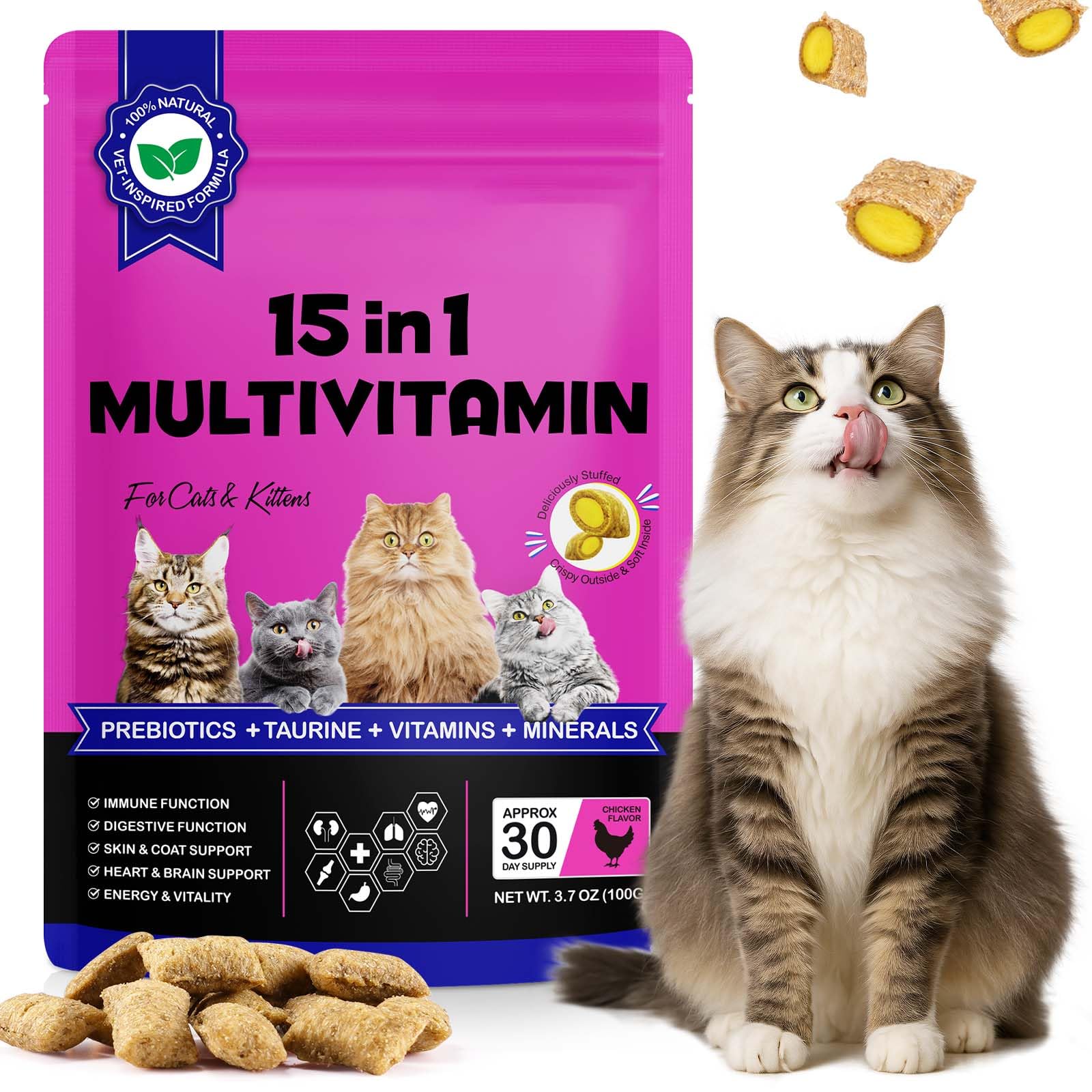 Vitaminas Esenciales Diarias para Gatos - Snacks Masticables Multivitamínicos 15 en 1 con Taurina, Ácidos Grasos Omega, Prebióticos y Mejillón de Labio Verde para Apoyo Inmunológico, Digestivo y Artic