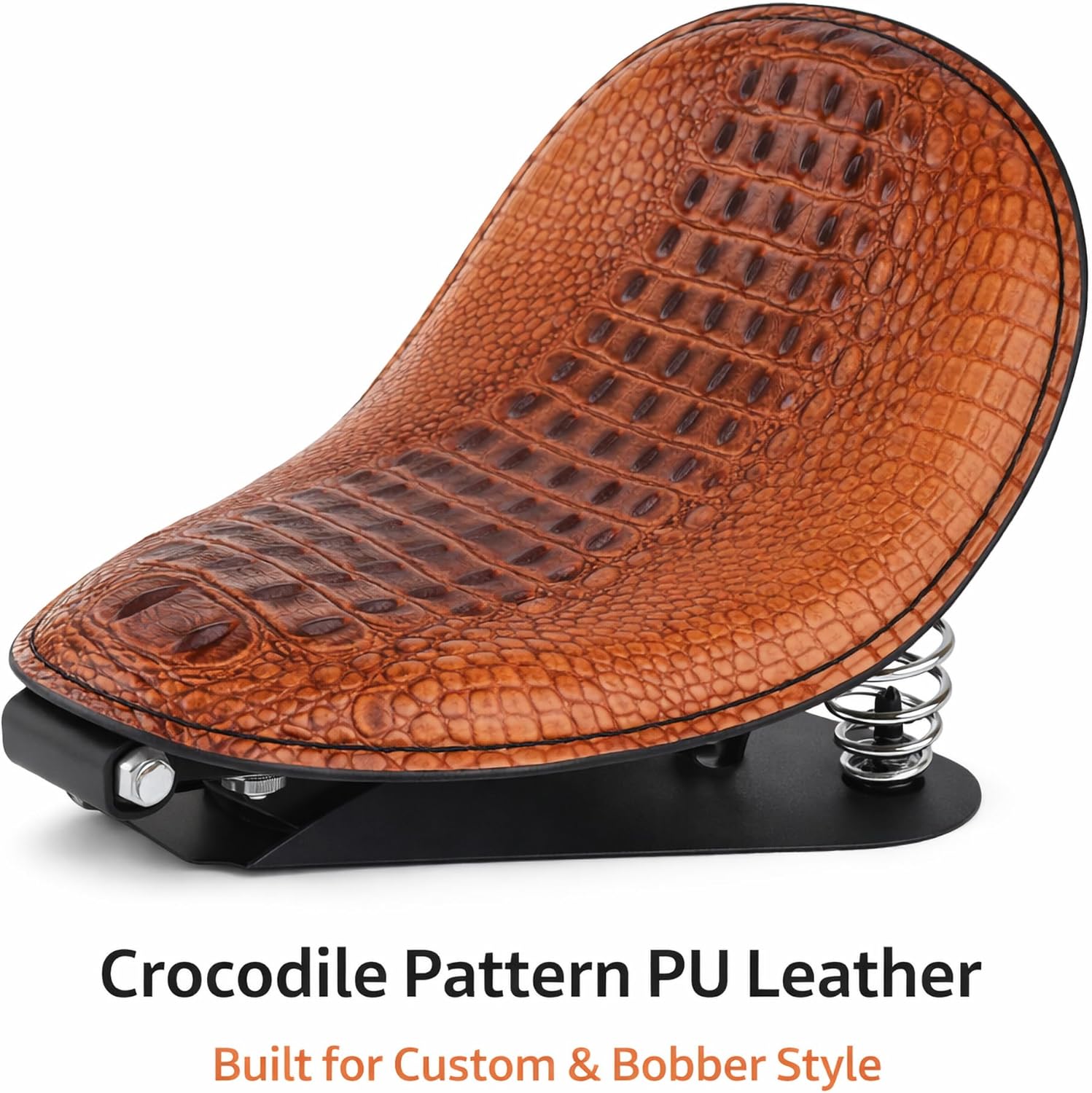 Crocodile Pattern Motorcycle Solo Seat with Springs, PU Leather Bobberx Custom Driver Seat Cushion for Harley Sportster XL883 XL1200 Bobber Chopper, Fits Honda Yamaha Kawasaki Suzuki (Brown)