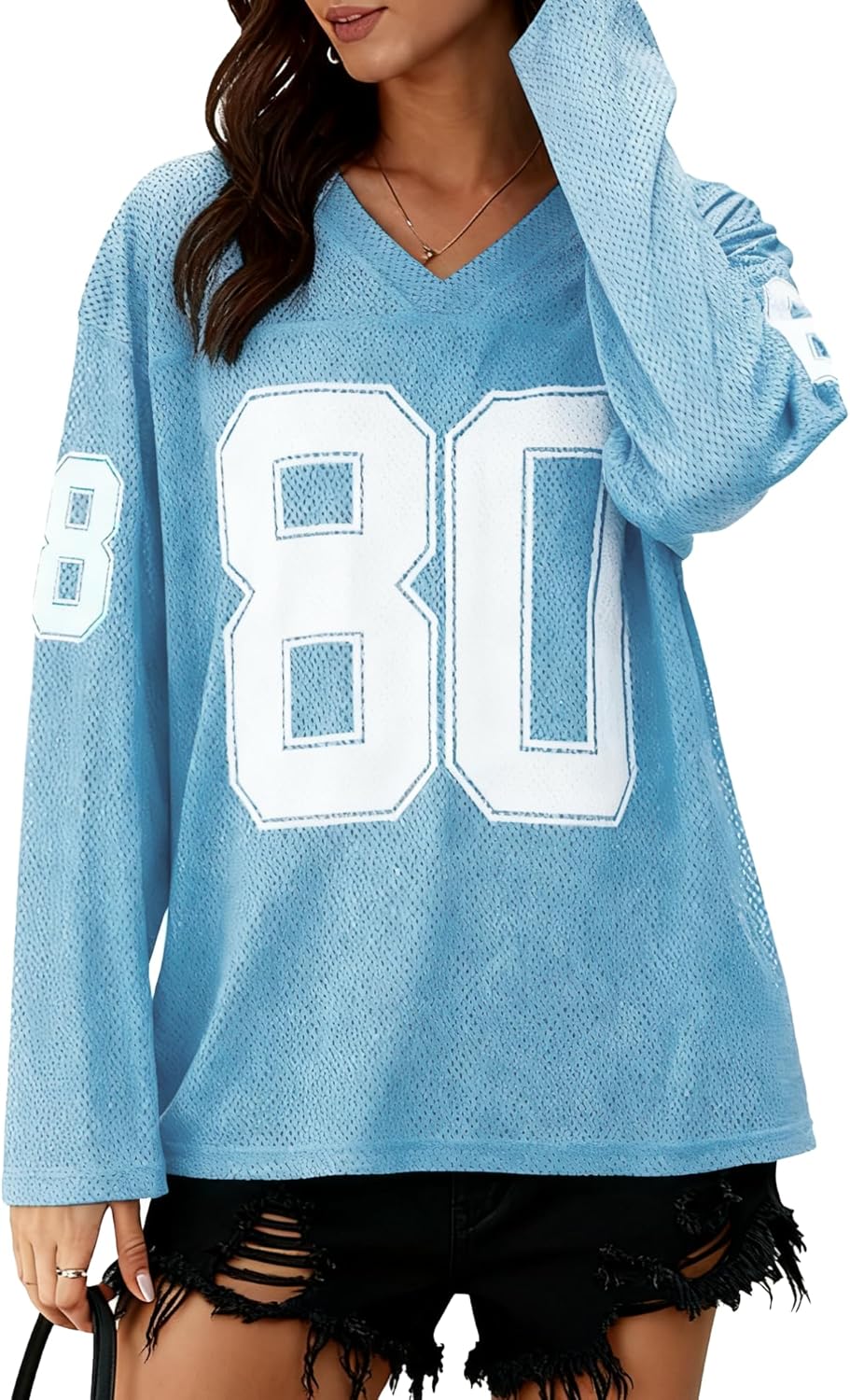 Jersey Shirts for Women Number Graphic V Neck Pullover Y2k Oversized Sports Shirt Autumn Casual Long Sleeve Tee Tops