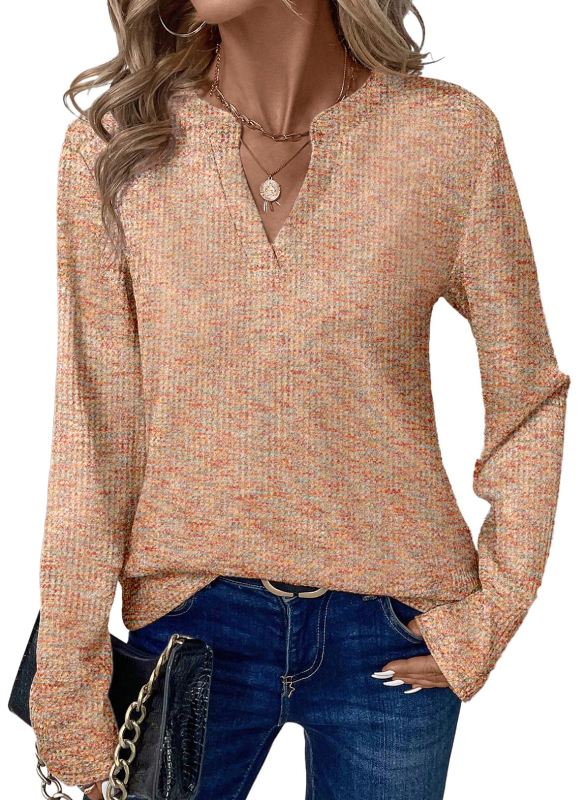 Dokotoo Damen Pullover Elegant V-Ausschnitt Langarmshirt Weich Waffelstrick Sweatshirt Herbst Winter Locker Oberteile Strickpullover Pulli S-2XL