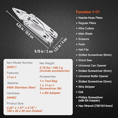 Miniatura 7 de VEVOR Alicates multiherramienta 29 en 1, cuchillo multiherramienta de acero inoxidable, alicates multiherramienta autoblocantes con funda y puntas