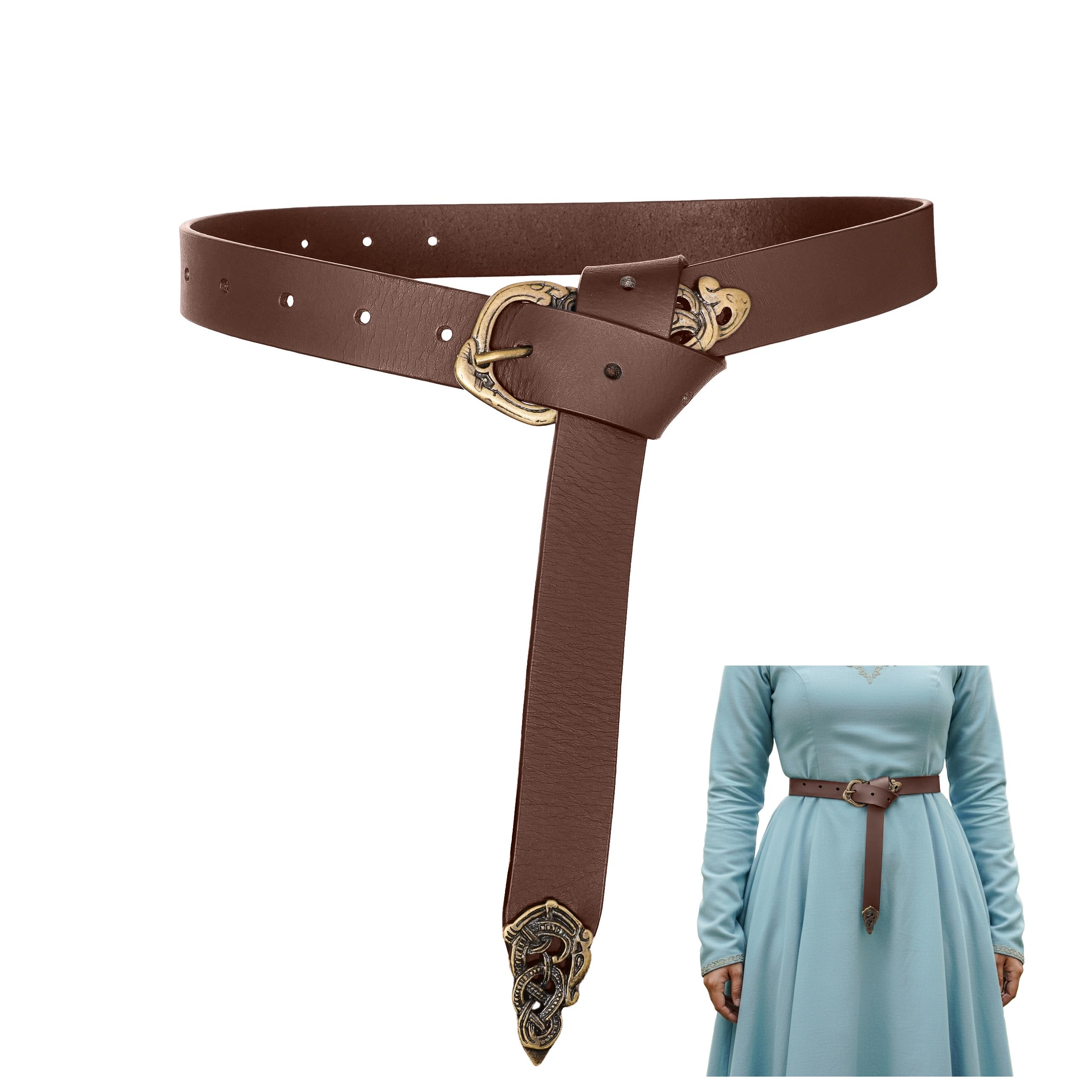 Mythrojan Medieval Leather Belt, Renaissance Viking Belt with Brass Buckle, Brass End Chape for Medieval Events, LARP, Renaissance, Ren Faire, Costume Parties, Brown- 50 Inches
