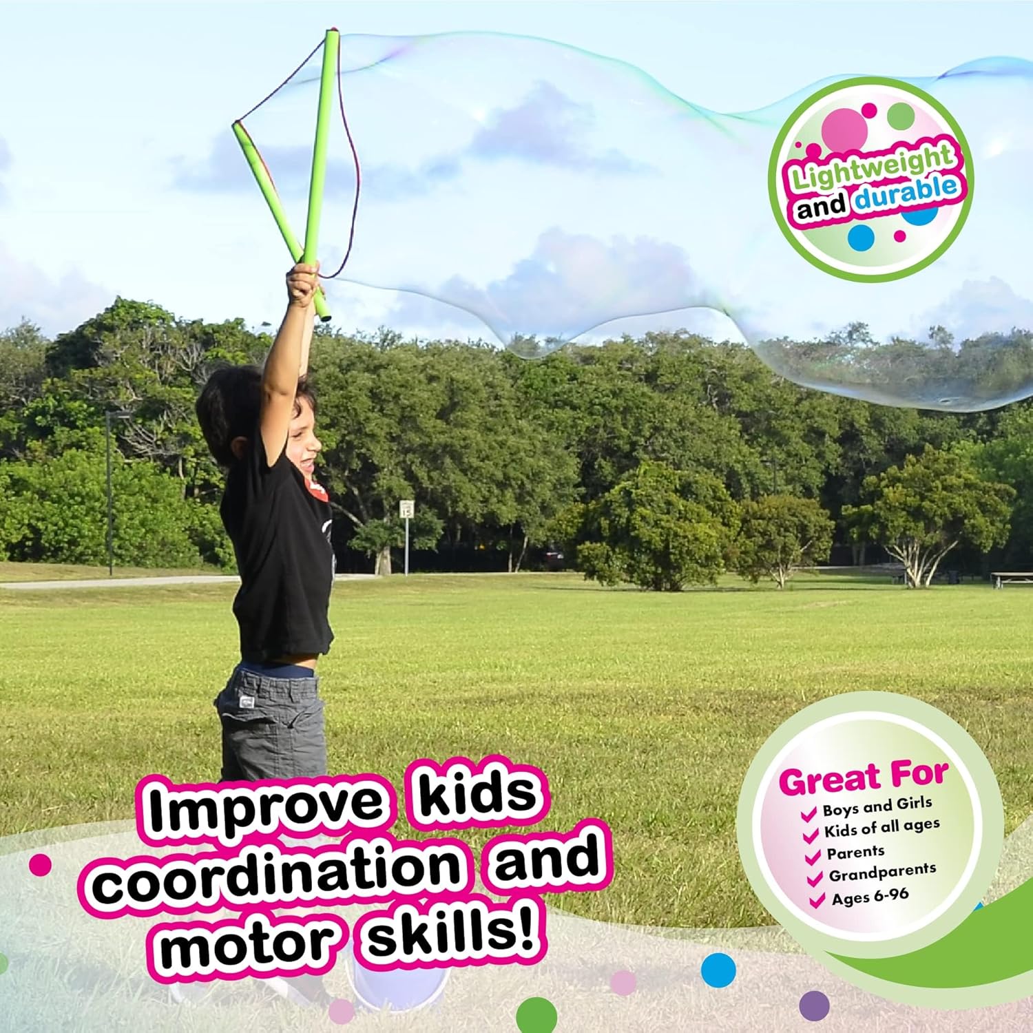 WOWmazing Giant Bubble Powder Kit: Include Large Bubble Wand and 3 Packet of Big Bubble Powder (Makes 3 Gallons) | Outdoor Toy for Kids, Boys, Girls | Powder Made in USA