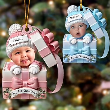 Custom Photo Babys 1st Christmas Personalized Acrylic Ornament 2025 Baby Inside Gift Box Design, Funny Newborn Keepsake Gift Hanging Decoration for New Parents A2