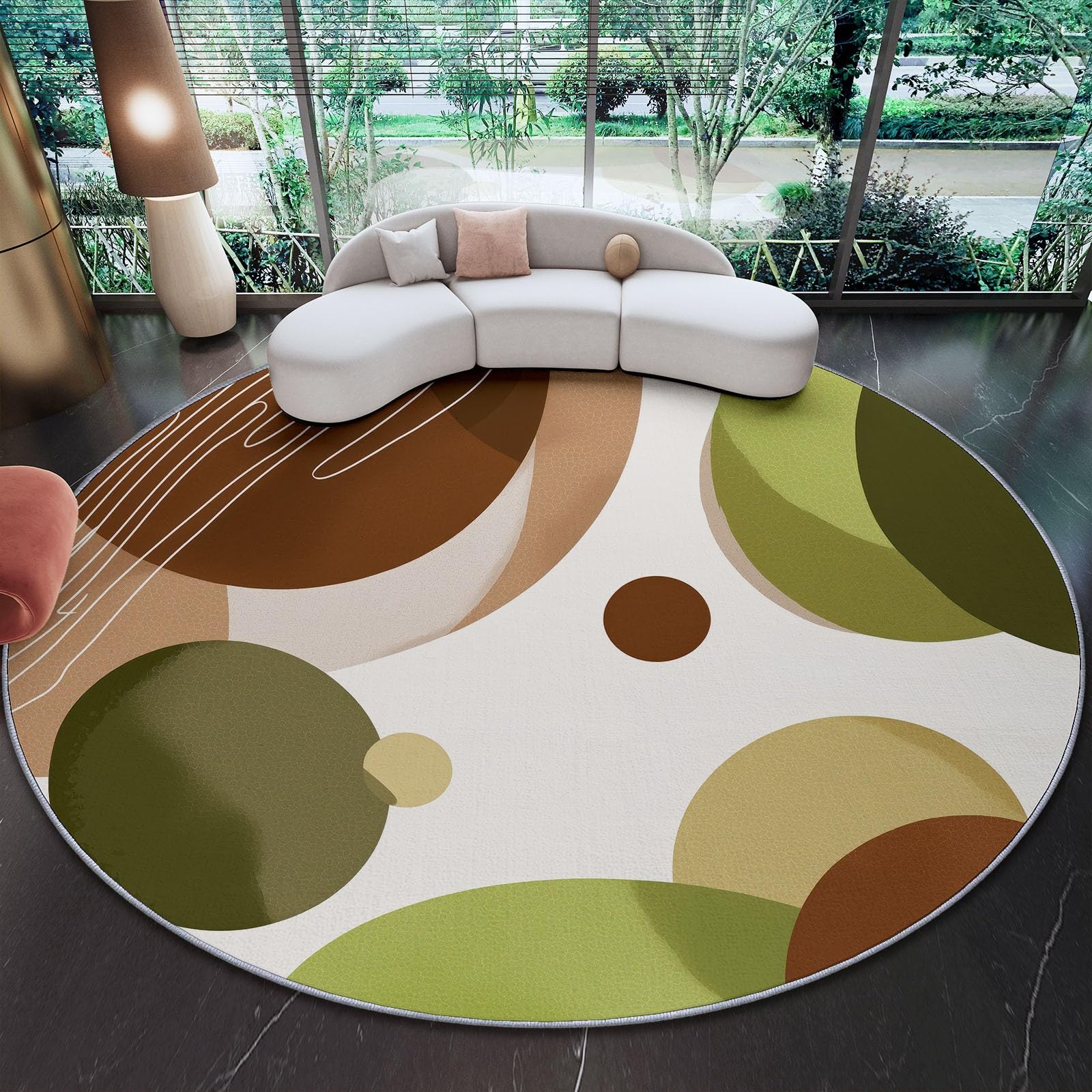 Weiß Runder Teppiche Wohnzimmer 100 cm, Waschbar & Rutschfester Weicher Kurzflor Teppich Schlafzimme, Minimalistisch Geometrisch Linie Kreis Teppich Rund für Kinderzimmer, Esszimmer, Büro