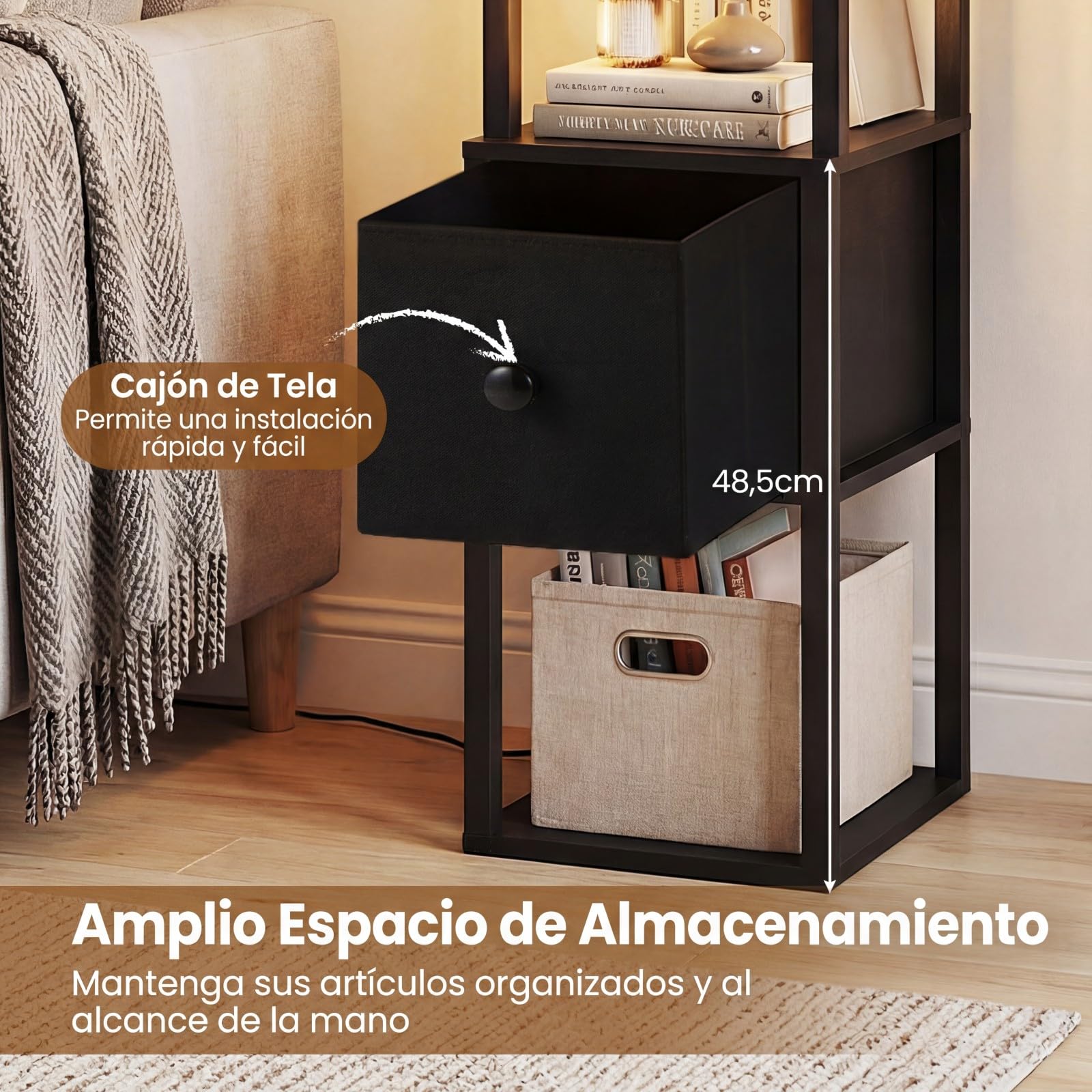 COSTWAY Lámpara de Pie con Estantes y Cajón, Lámpara de Pie Moderna con Mesa Auxiliar y Brillo Ajustable, Lampara de Esquina de Madera para Salón, Sofá, Dormitorio y Oficina, (Bombilla Incluida)