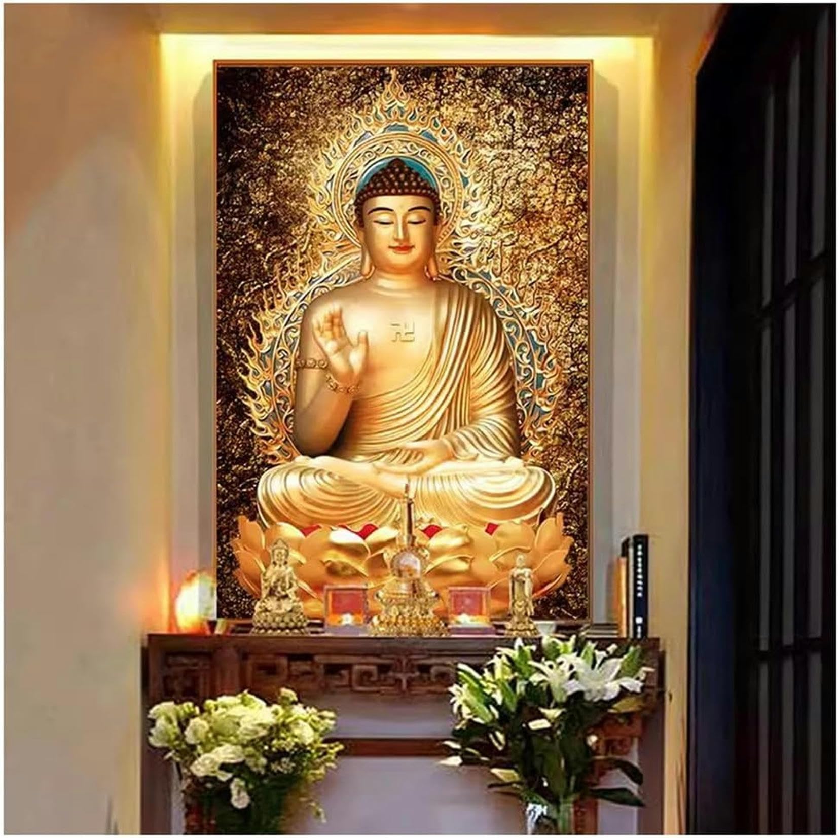 Wall Sculptures Hanging Painting with Led Light 3D Buddha Statue