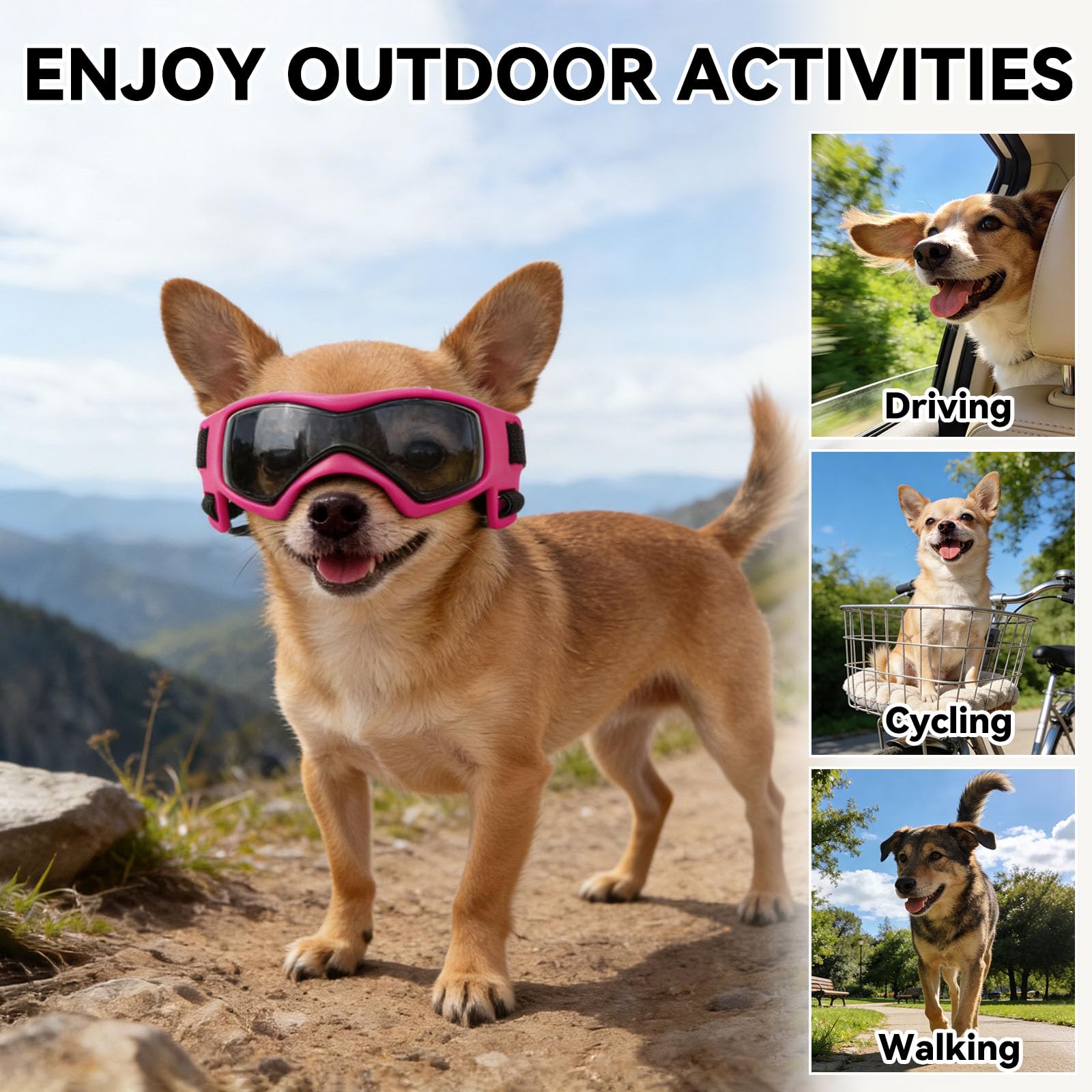 Namsan Gafas para perros de razas pequeñas, protección UV para perros pequeños, lentes de sol para cachorros, resistentes al viento, a prueba de polvo, protección ocular para conducir, ajustables